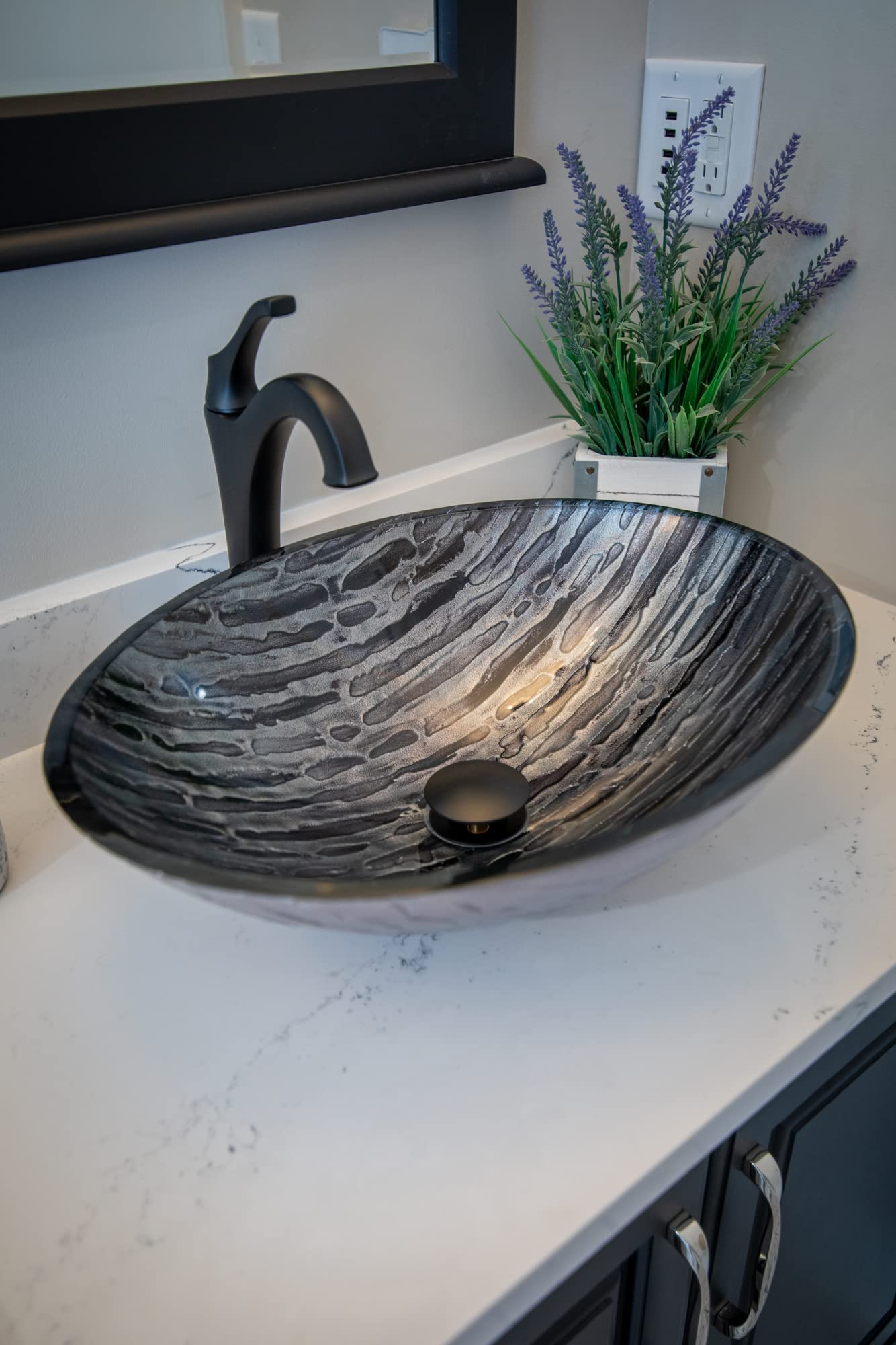 Elegant Silver & Black Streaked Oval Glass Vessel Sink for Bathroom Vanity - Modern Above Counter Bathroom Sink for Contemporary Home Decor