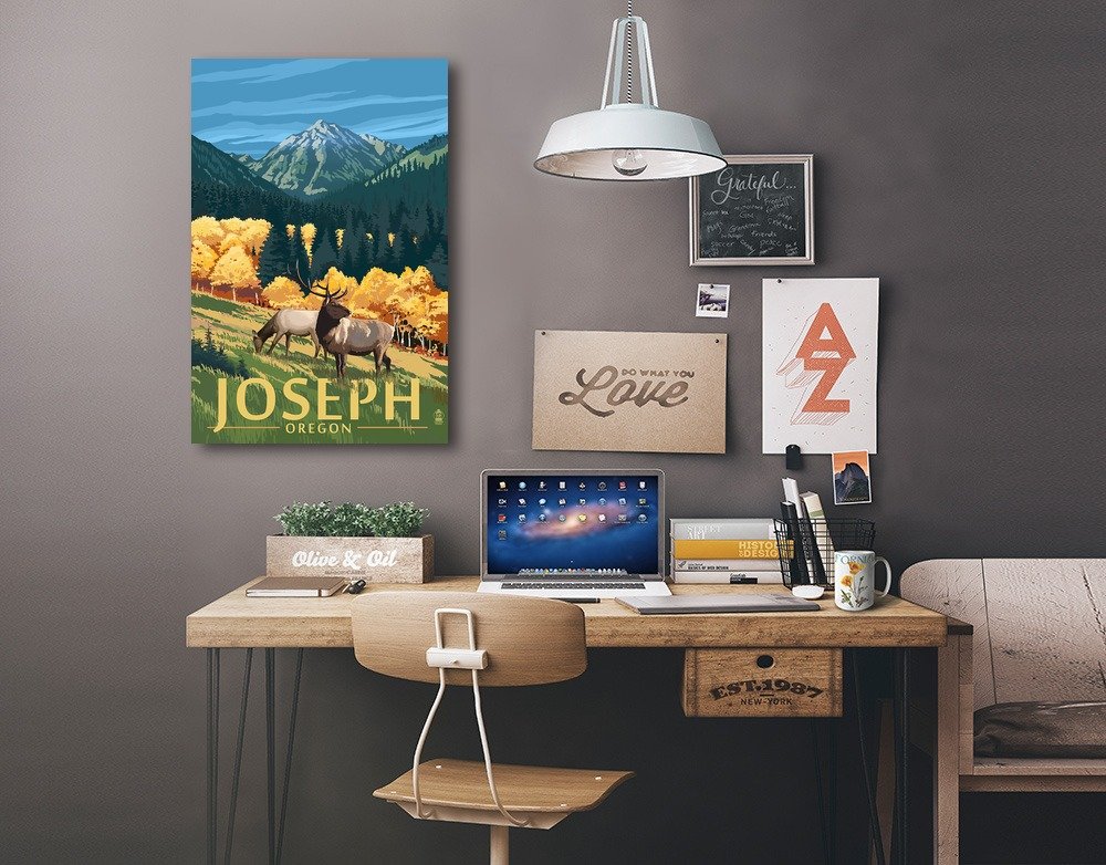 Joseph Oregon Elk and Mountains Wall Art - 16x24 Wrapped Canvas Print for Home & Office Decor - Perfect for Living Room, Bedroom or Cabin
