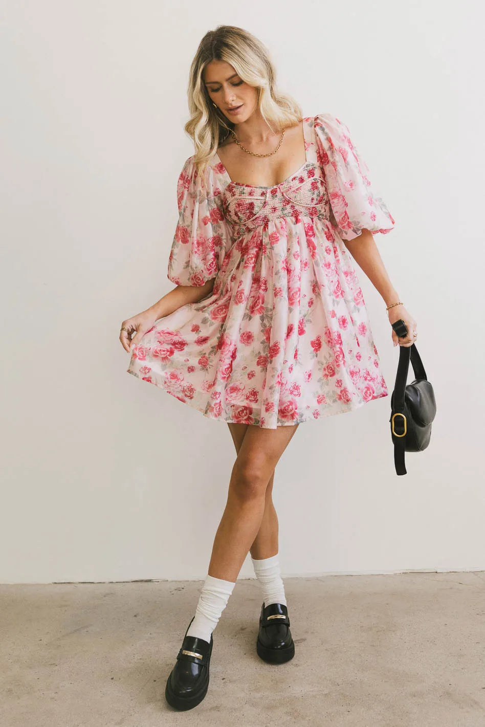 Eleanor Smocked Mini Dress for Women - Floral Print Summer Dress, Boho Chic Ruffled Sleeves, Perfect for Beach Vacation & Date Night