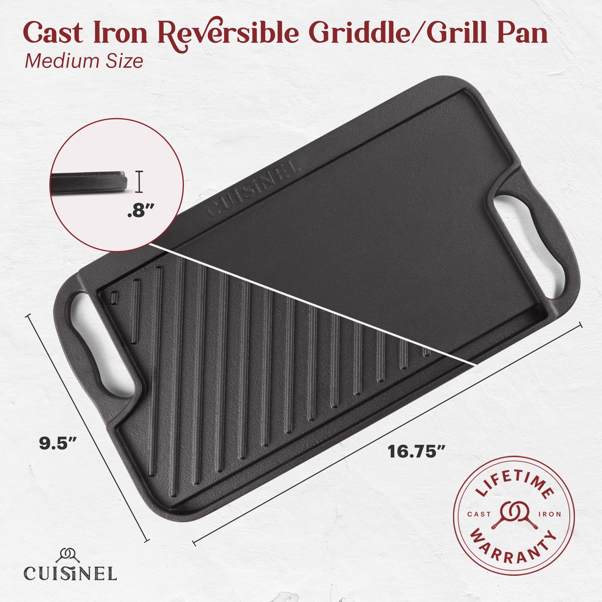 Premium Cast Iron Griddle & Grill Pan - 16.75