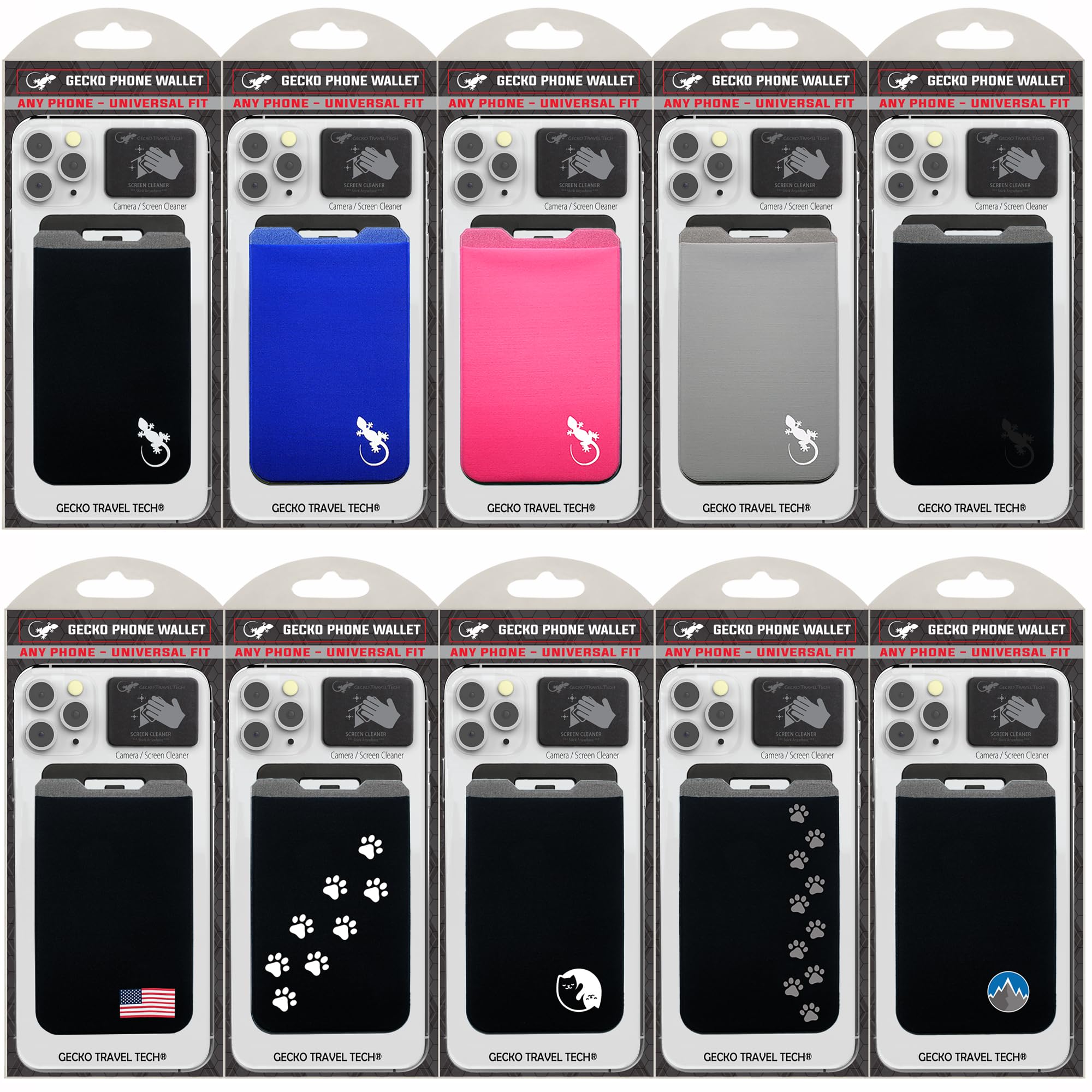 Gecko Travel Tech Card Holder Phone Wallet - Family Pack (10 Pack) - Universal Adhesive Credit Card Holder for Any Smartphone - Perfect for Travel, Commuting & Daily Use