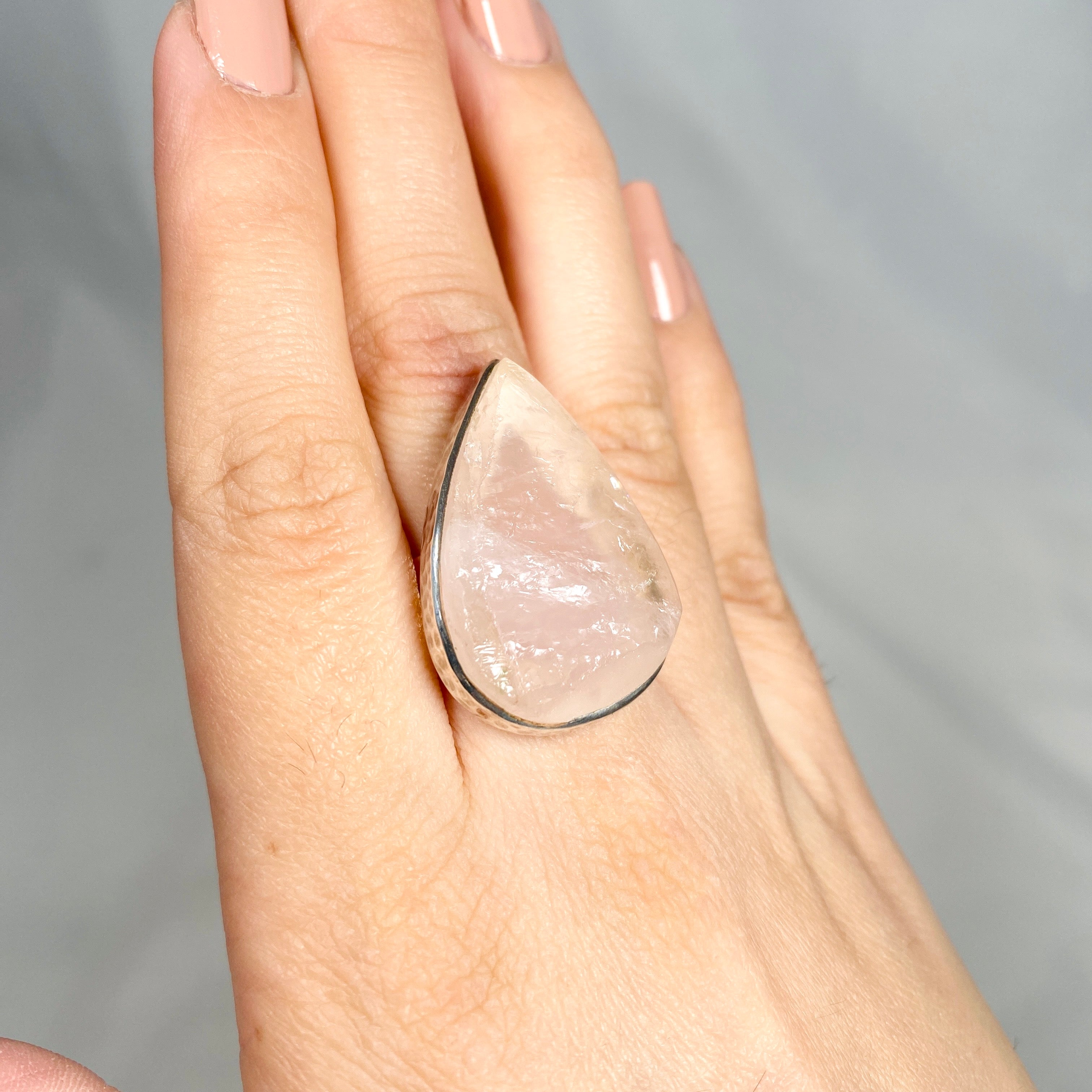 Rose Quartz Raw Teardrop Ring with Hammered Band - Size 9 (KRGJ1301) | Handmade Boho Jewelry for Women, Healing Crystal Gift for Meditation & Spiritual Wellness