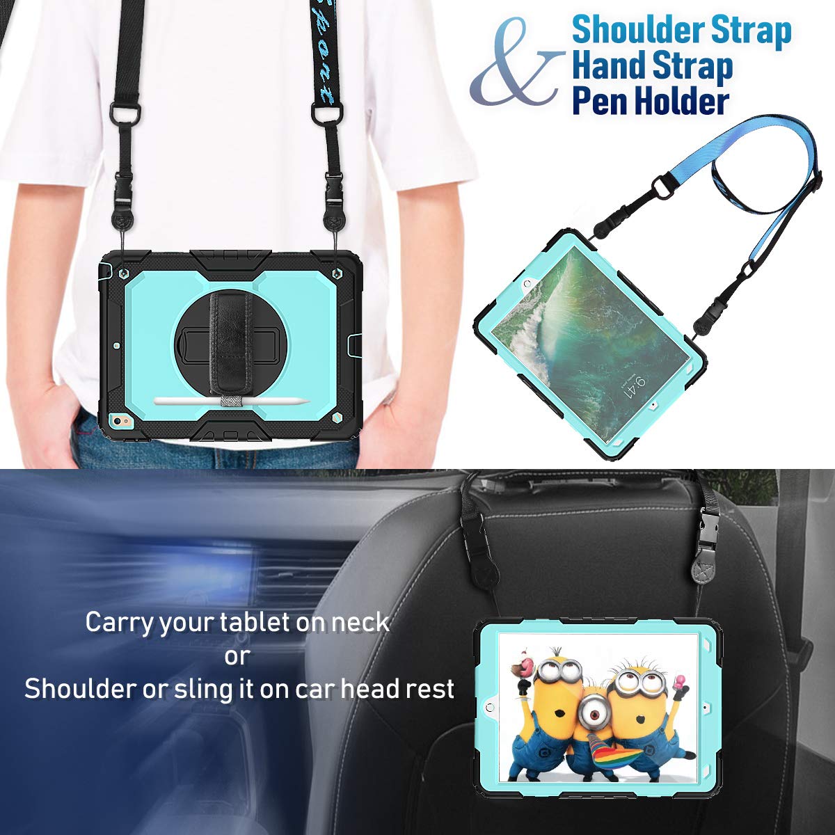 Heavy Duty iPad Air 3rd Gen Case & iPad Pro 10.5 Case with Kickstand, Anti-Slip Grip, Screen Protector & Adjustable Strap - Light Blue | Perfect for Work, Travel & Outdoor Use