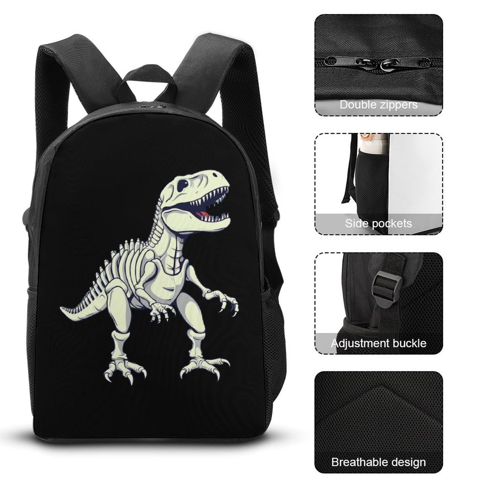 Dinosaur Skeleton T-Rex Backpack Set - 3 Piece School & Travel Backpack Combo with 17 Inch Laptop Compartment, Lunch Box & Pencil Case | Perfect for Students, Camping & Daily Use