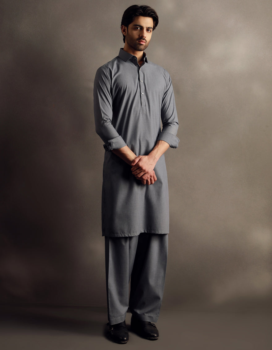 Elegant Blended Grey Shalwar Kameez by J. Junaid Jamshed - Premium Pakistani Traditional Outfit for Men - Perfect for Weddings, Eid & Special Occasions