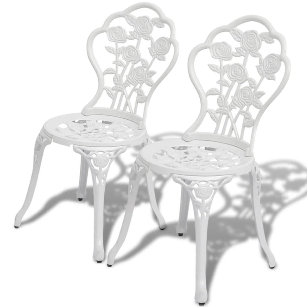 vidaXL 3-Piece White Outdoor Patio Bistro Set with Round Table & 2 Chairs - Durable Cast Aluminum Top & Iron Legs with Floral Design - Perfect for Garden, Balcony or Backyard Dining