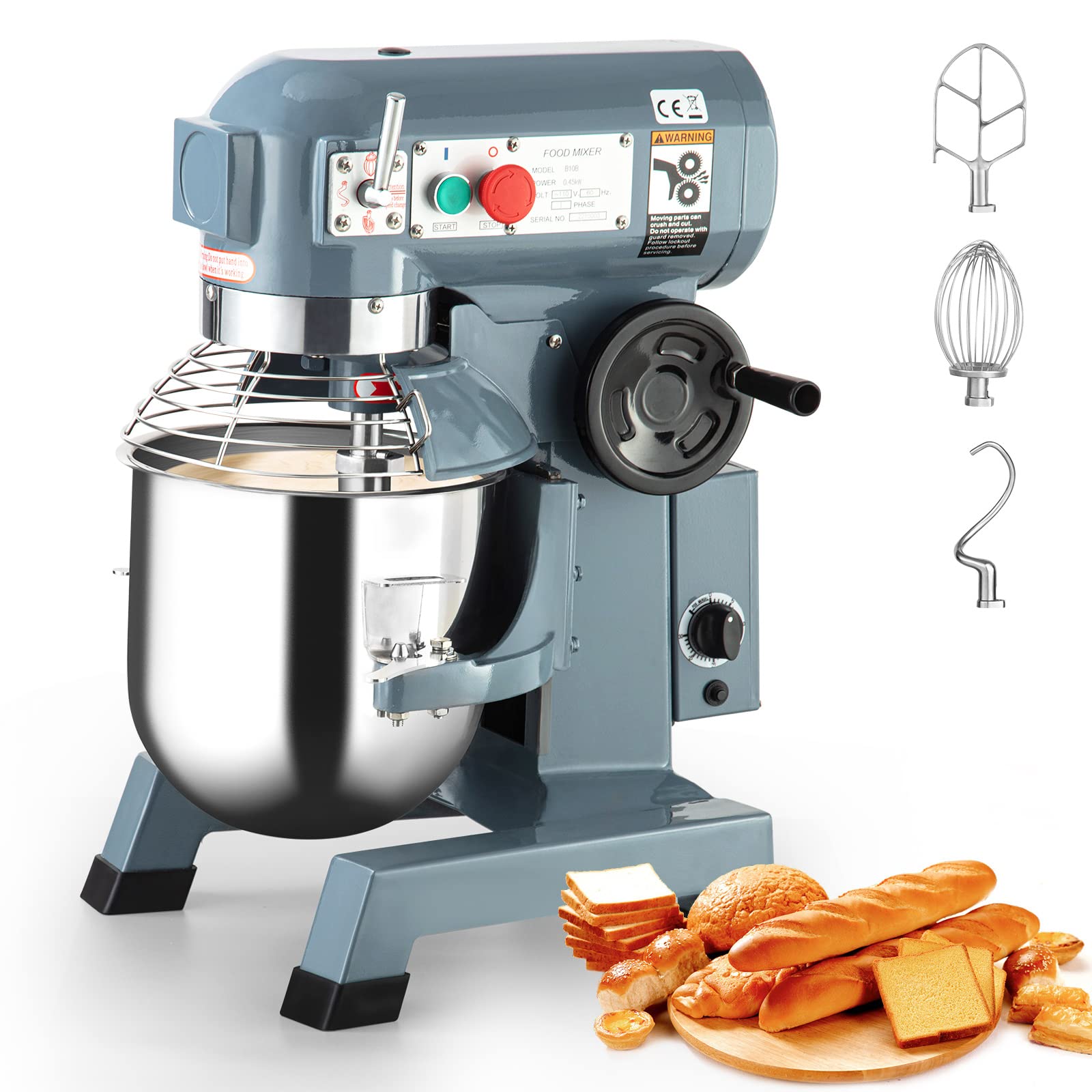 Commercial Food Mixer 10Qt 450W - 3-Speed Heavy Duty Stand Mixer with Stainless Steel Bowl, Dough Hook & Whisk - Professional Kitchen Equipment for Bakeries, Restaurants, Pizzerias - Ideal for Kneading Dough, Mixing Batters & Whipping Creams