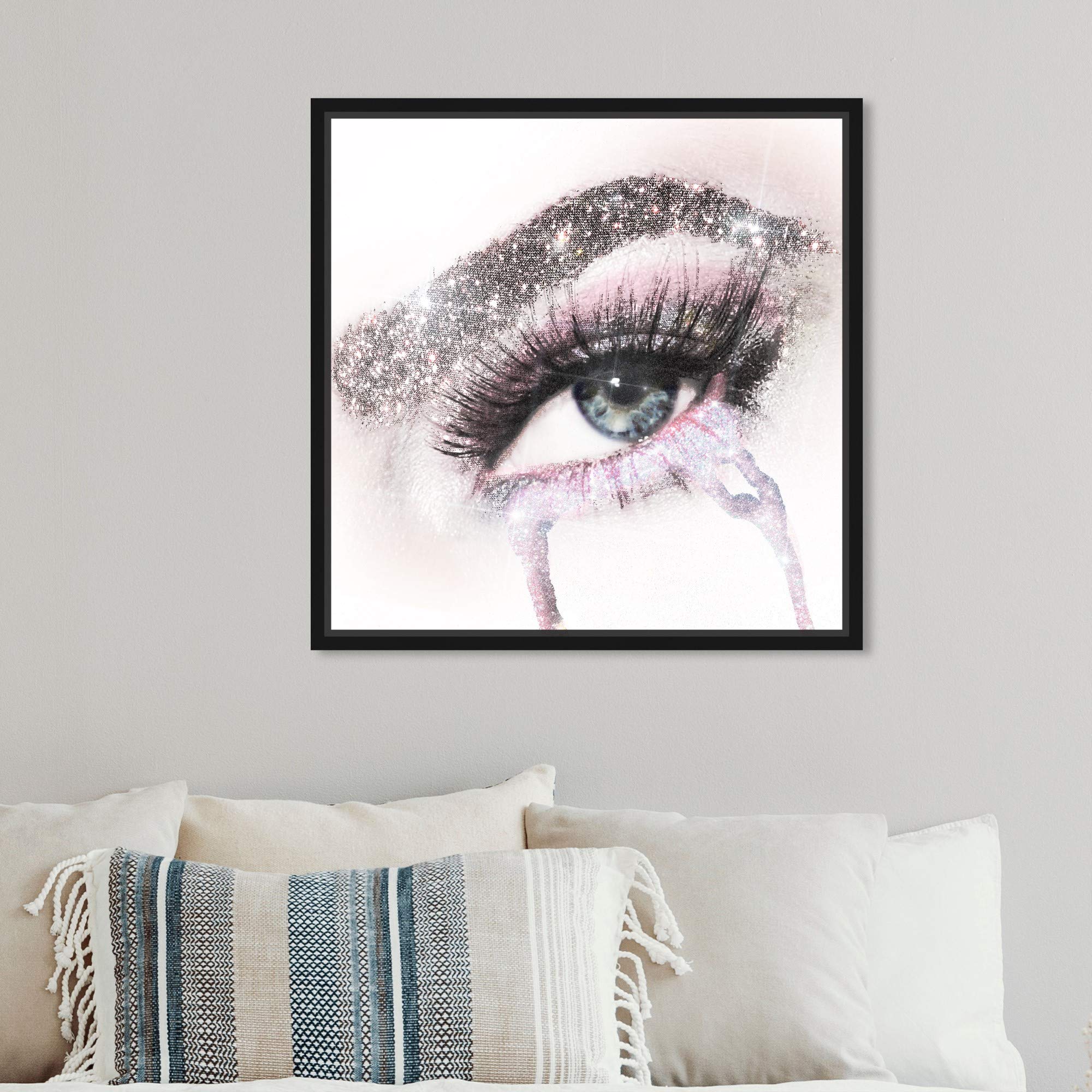 Oliver Gal Artist Co. 'Eyes and Rhinestones Pink' Framed Canvas Wall Art - 12x12 Inch Fashion Glam Decor for Bedroom, Living Room & Office - Gray & White Mascara Inspired Home Décor