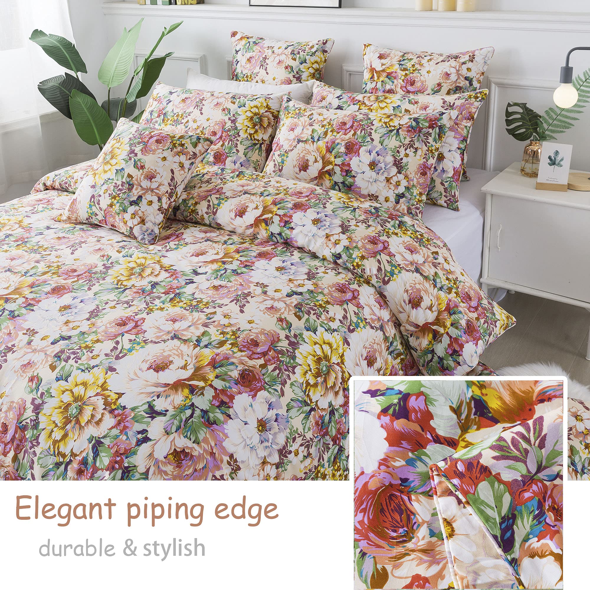 FADFAY 7-Piece Queen Size Floral Bedding Set - 100% Cotton Duvet Cover, Pink & Orange Soft Breathable Hypoallergenic Peony Flower Sheets with Deep Pocket (17.5