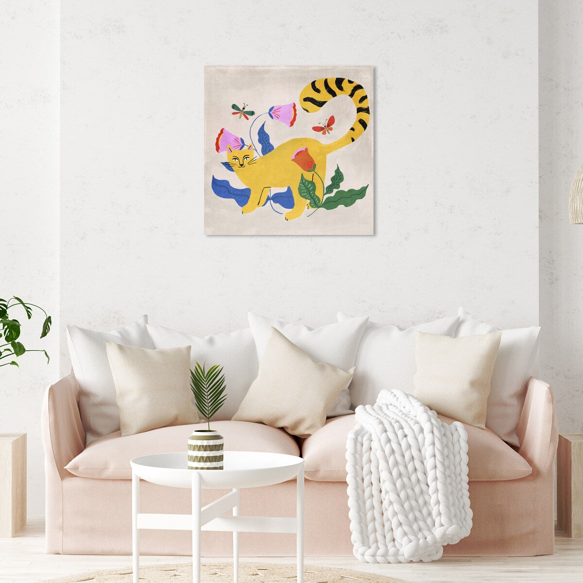 Blonde Tabby Floral Kitten Butterfly Garden Modern Yellow Canvas Wall Art Print - Home Decor for Bedroom, Living Room & Nursery