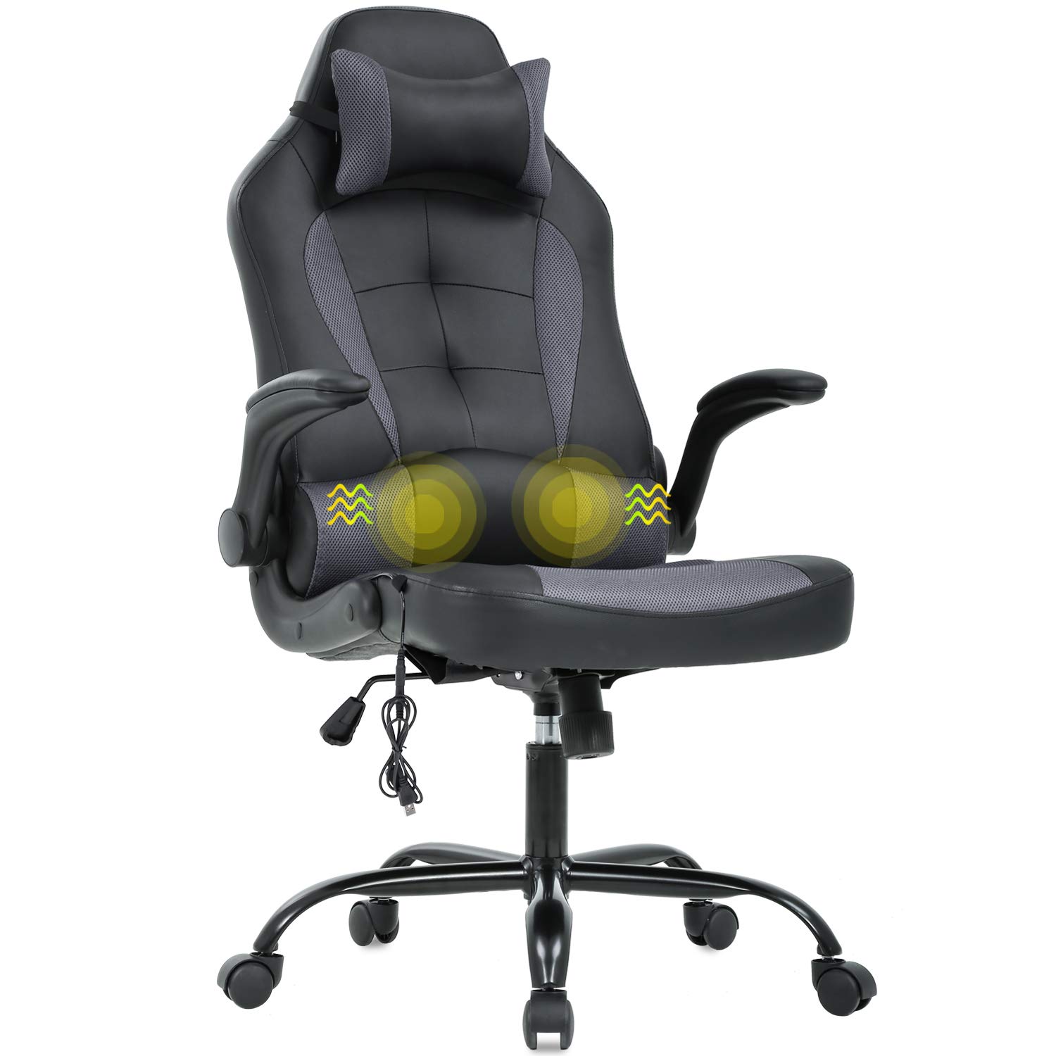Ergonomic Gaming Chair with Lumbar Support & Headrest - High Back PU Leather Office Chair for Adults - Adjustable Racing Style Computer Desk Chair with Massage Function & Swivel Base - Perfect for Home Office, Gaming Setup & Workstation Comfort (Grey)