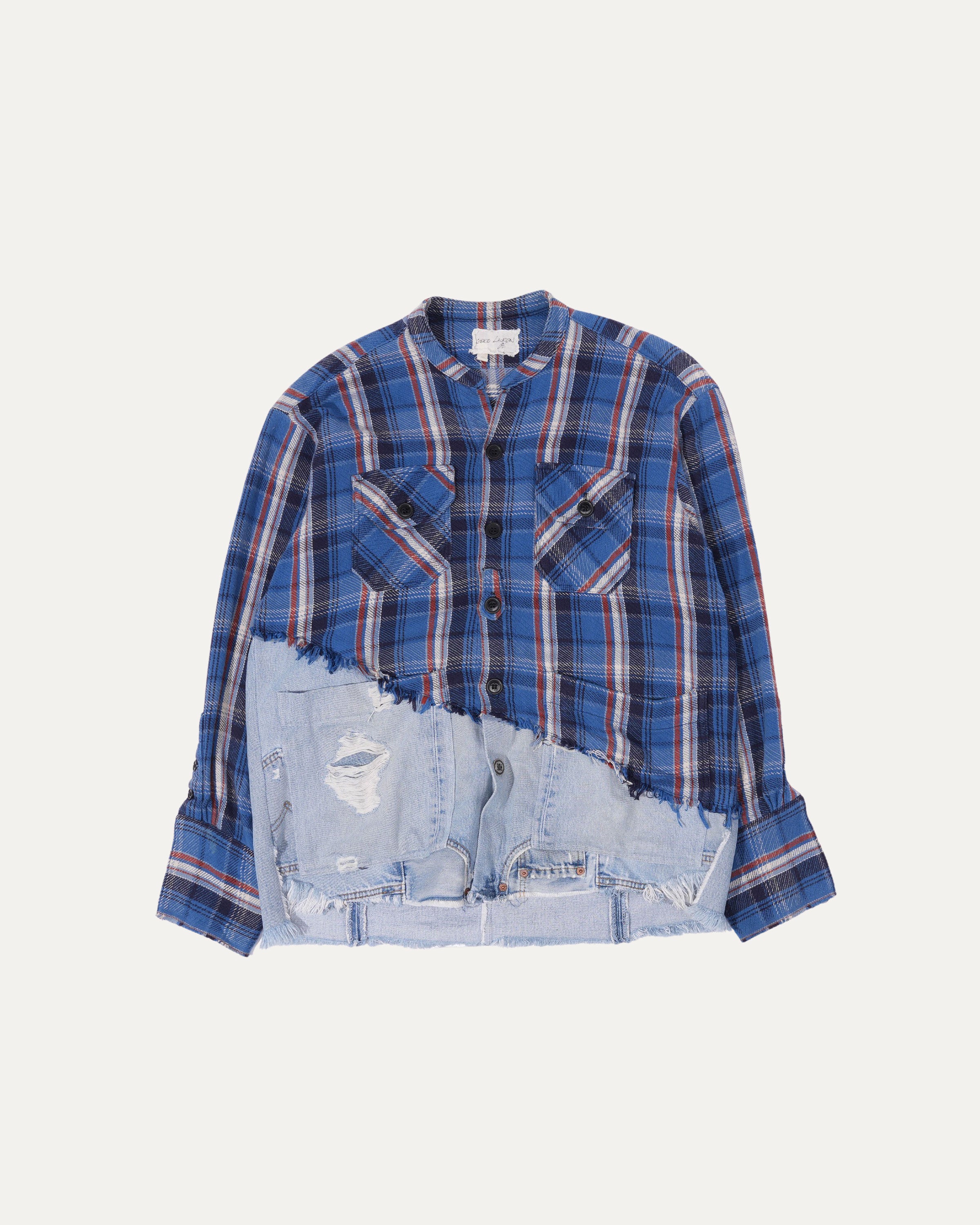 50/50 Blue Plaid Denim Boxy Studio Shirt - Stylish Oversized Button Down Top for Women, Casual Streetwear & Layering Outfits (Perfect for Fall Fashion, Coffee Dates & Weekend Brunch)