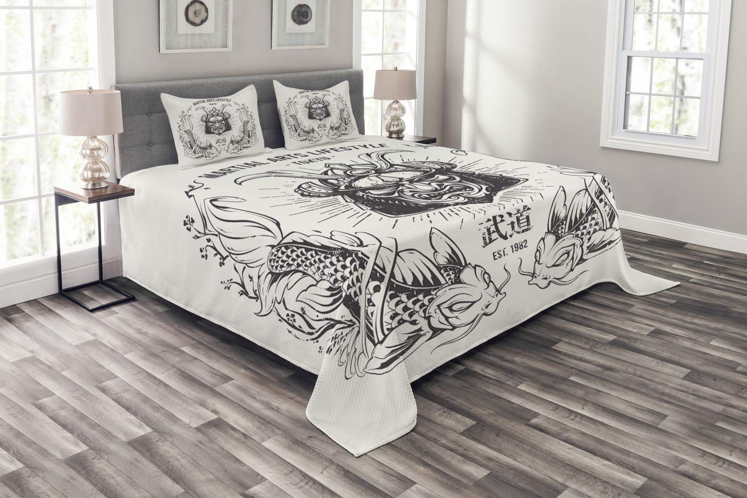 Ambesonne Japanese Samurai Koi Fish Bedspread Set - 3-Piece Traditional Asian Decor Bedding with 2 Pillow Shams, King Size in Coconut Grey - Perfect for Zen Bedroom, Martial Arts Theme or Tokyo-Inspired Home Decor