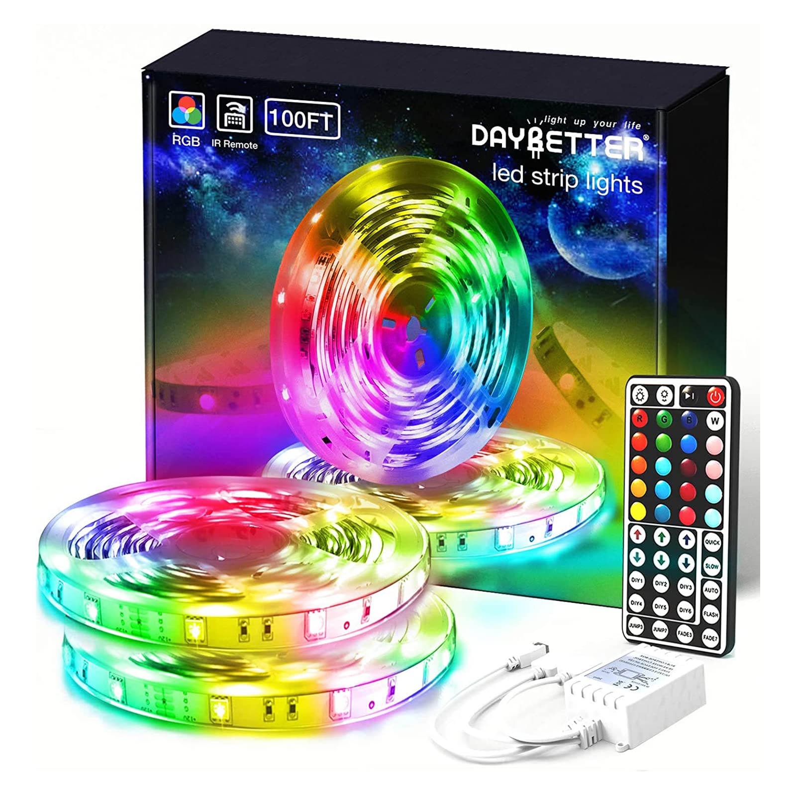 DAYBETTER 100ft LED Strip Lights for Bedroom with 44-Key Remote & 24V Power Supply - Color Changing RGB Lights for Room Decor, Gaming Setup, and Party Atmosphere