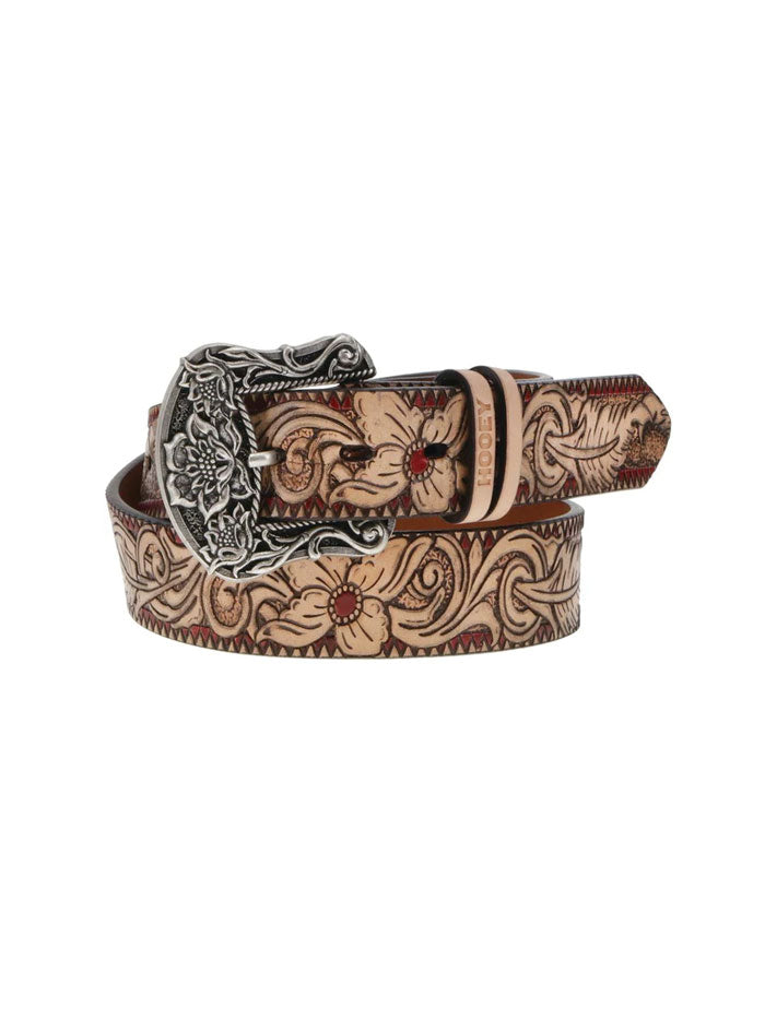 Hooey HWBLT004 Women's Western Belt with Feather & Floral Filigree Embossed Design, Natural Brown & Red Leather with Floral Tongue Buckle - Perfect for Cowgirl Boots, Jeans & Country Style Outfits