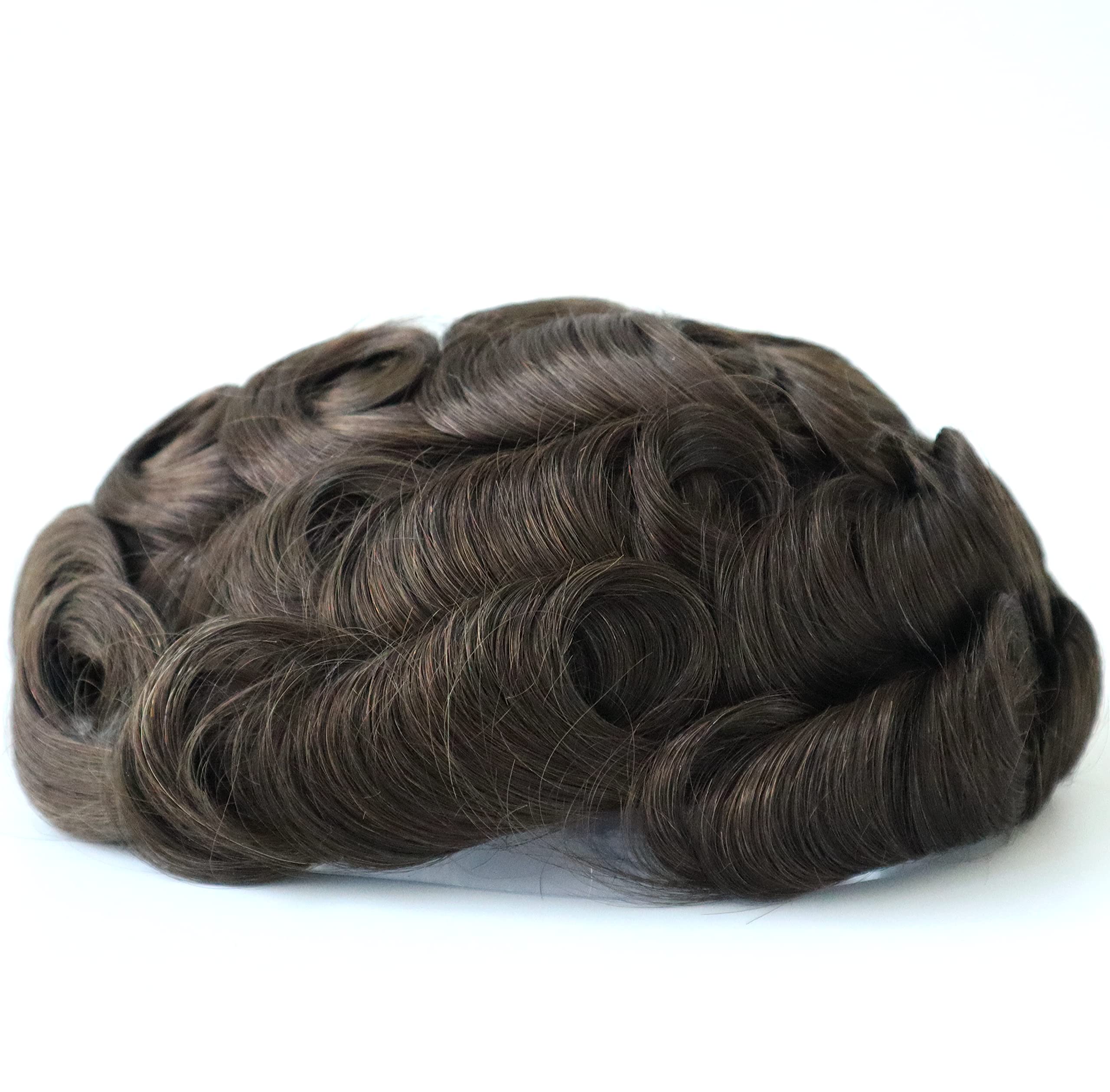 Men's Toupee Human Hair Replacement System - 0.12mm Medium Skin V-looped Wig in Medium Brown (#4) with Natural Hairline | Real Human Hair for Thinning Hair & Baldness | Perfect for Daily Wear, Special Occasions & Confidence Boosting