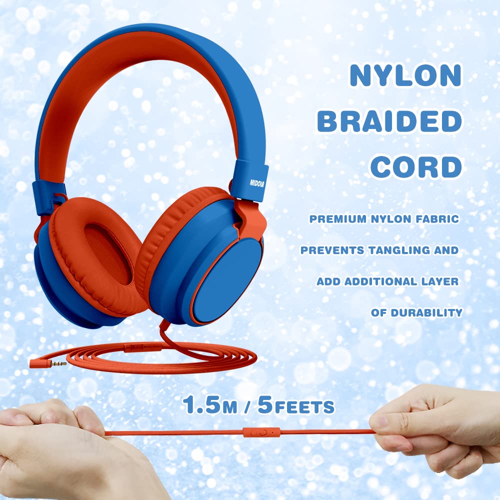 MIDOLA Kids Headphones with Volume Limiter (85/110dB) - Wired Over-Ear Foldable Headset with Built-in Mic & 3.5mm AUX Cable - Safe for Children's Ears - Perfect for School, Travel, Gaming & Online Learning (Blue)