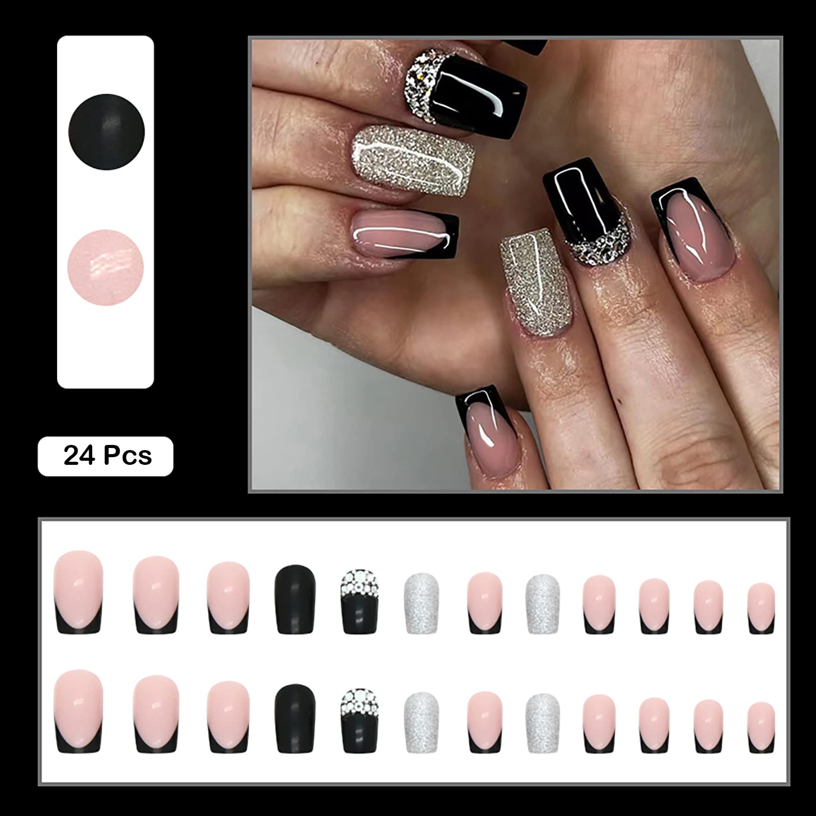 Black Silver Glitter Diamond French Press On Nails - Medium Long Square Acrylic Fake Nails Set with Nail Glue | Full Cover Reusable Stick On Nails for Women & Girls | Perfect for Parties, Weddings & Special Occasions