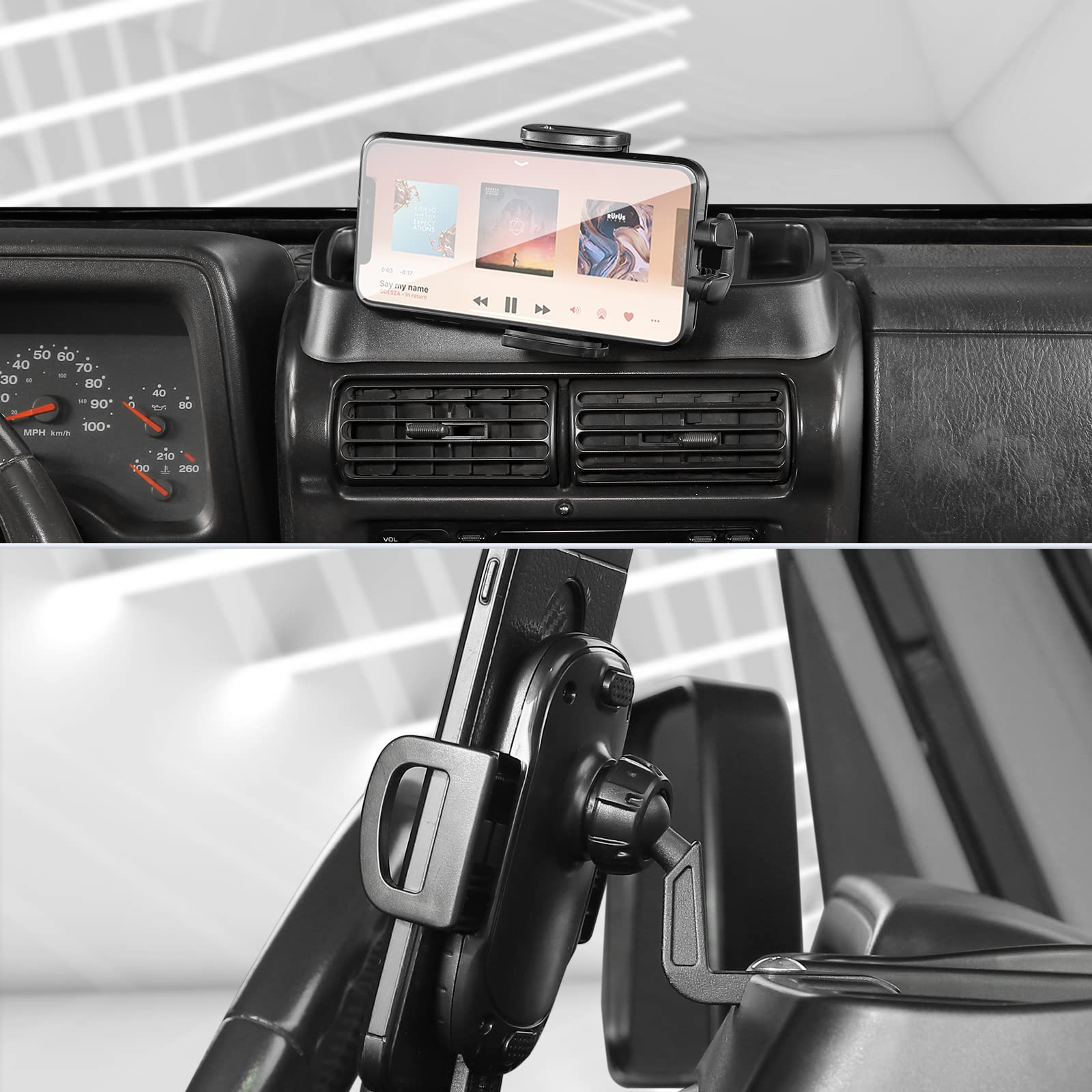 JeCar TJ Phone Holder Upgrade - Dash Cellphone Mount with Storage Tray for Jeep Wrangler TJ (1997-2006) | Interior Accessories | Secure & Convenient for Off-Roading & Daily Commute