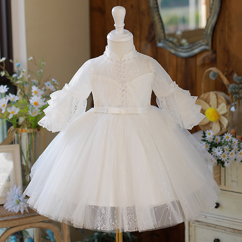 Elegant White A-Line Flower Girl Dress with Lace, Tulle & Bell Sleeves – Perfect for Weddings, Baptisms & Special Occasions