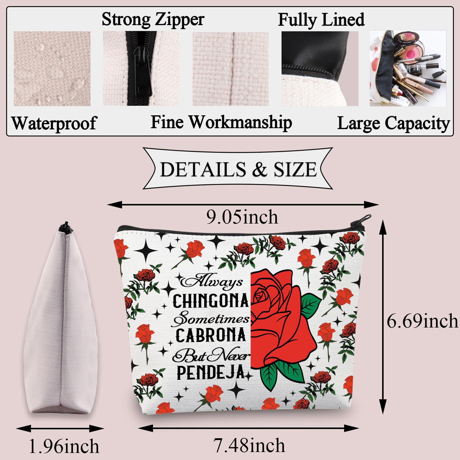 BDPWSS Latina Gift Makeup Bag - Always Chingona Sometimes Cabrona But Never Pendeja - Spanglish Power Gift for Women (Perfect for Travel, Gym & Everyday Use)