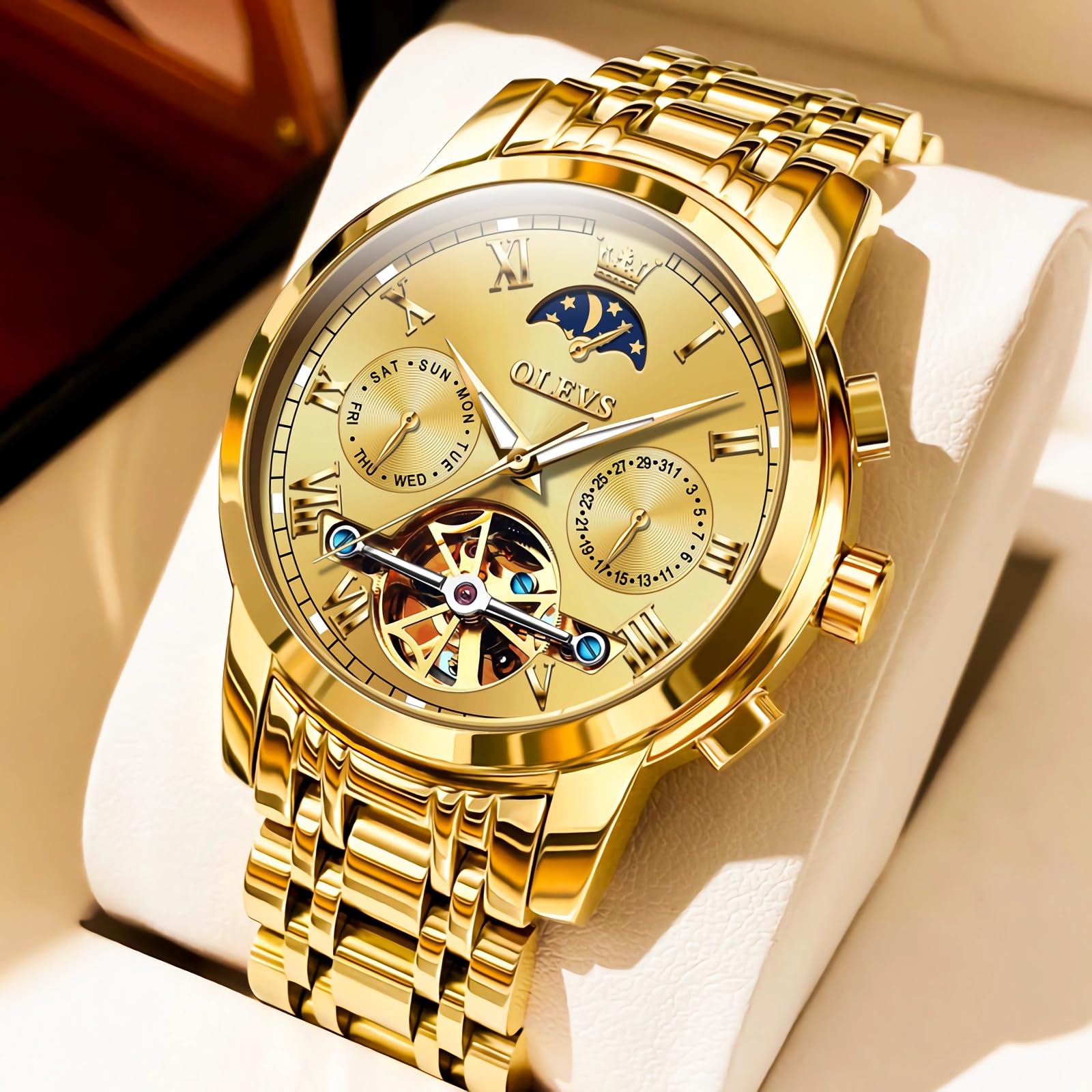 OLEVS Men's Automatic Skeleton Tourbillon Mechanical Watch - Self Winding Luxury Dress Watch with Moon Phase, Day Date, Waterproof & Luminous - Perfect for Business, Formal Events & Gifts for Him