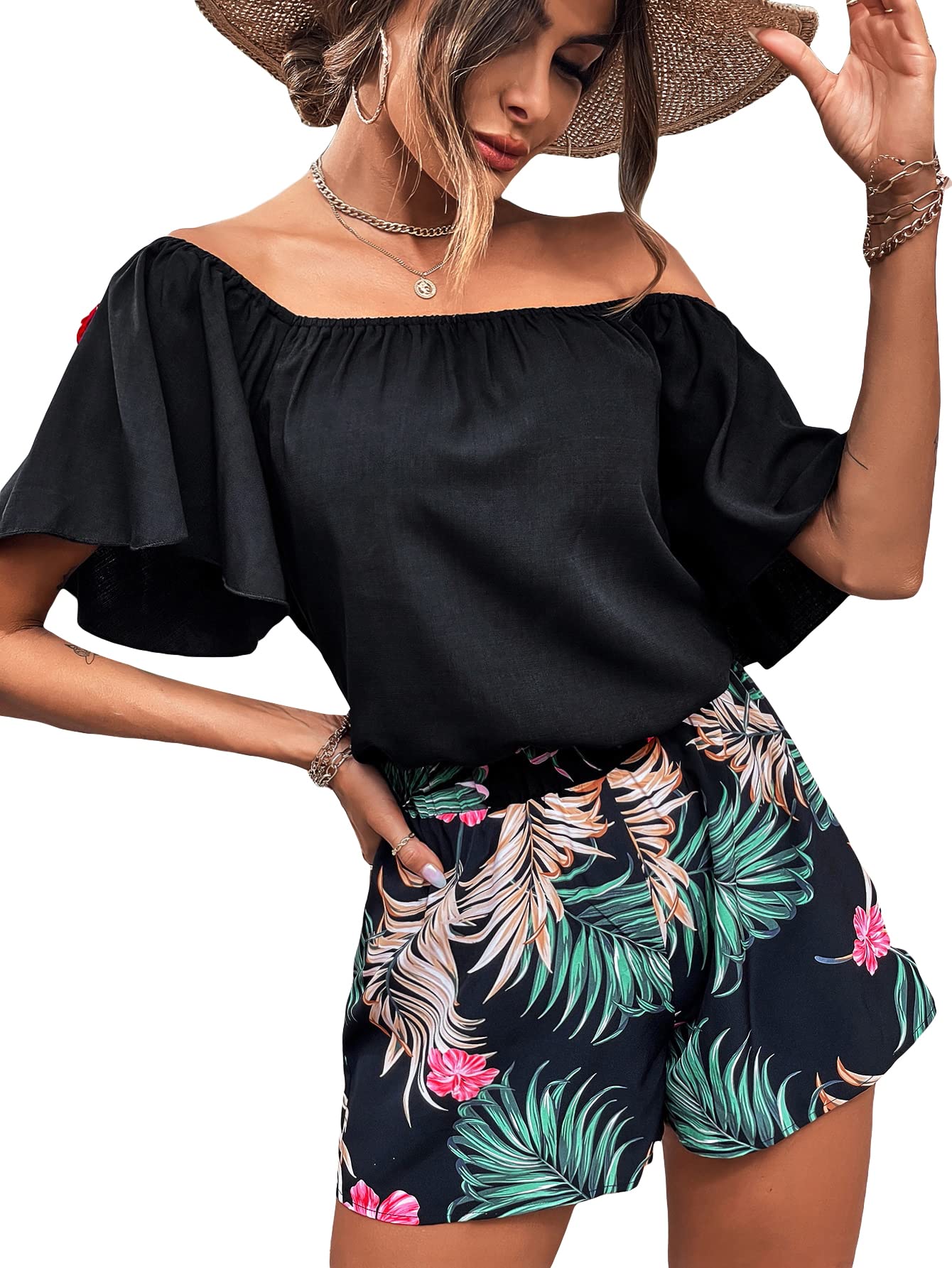 SOLY HUX Women's Summer 2 Piece Outfit - Off Shoulder Crop Top & Floral Print Shorts Set | Beach Vacation, Pool Party, Tropical Outfit for Women