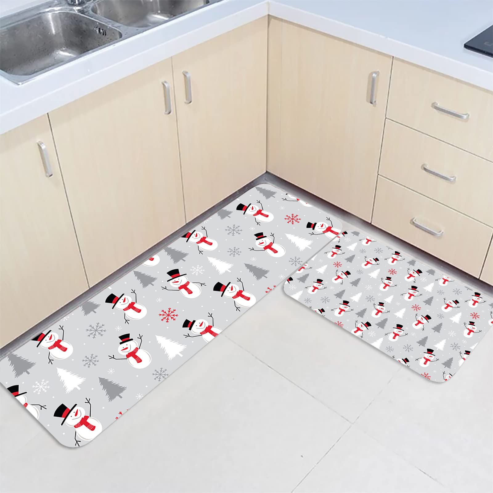 Non-Slip Washable Christmas Snowman Kitchen Runner Rugs - 2 Piece Set with Xmas Tree & Snowflake Design - 23.6