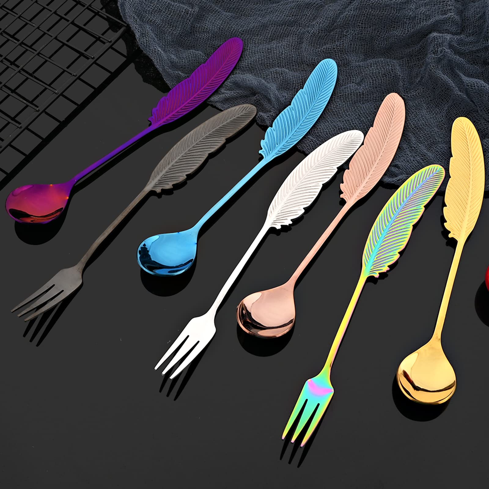 JASHII 8-Piece 304 Stainless Steel Silver Feather Coffee Spoon and Appetizer Fork Set - Mini Dessert Utensils for Stirring, Mixing, Fruit, Cake, Coffee, Tea - Perfect for Home, Cafe, Restaurant, and Party Use