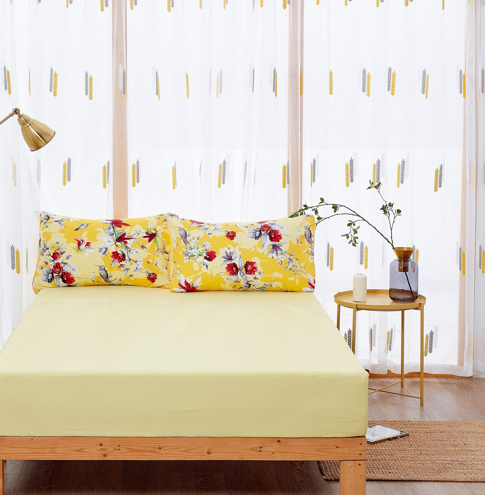 DaDalogy 9-Piece King Size Bedding Set - Yellow Hummingbird Botanical Duvet Cover, Fitted Sheet, Flat Sheet & Pillowcases with Window Curtain Valances | Soft Luxury Bed Sheets for Master Bedroom, Guest Room & Vacation Homes