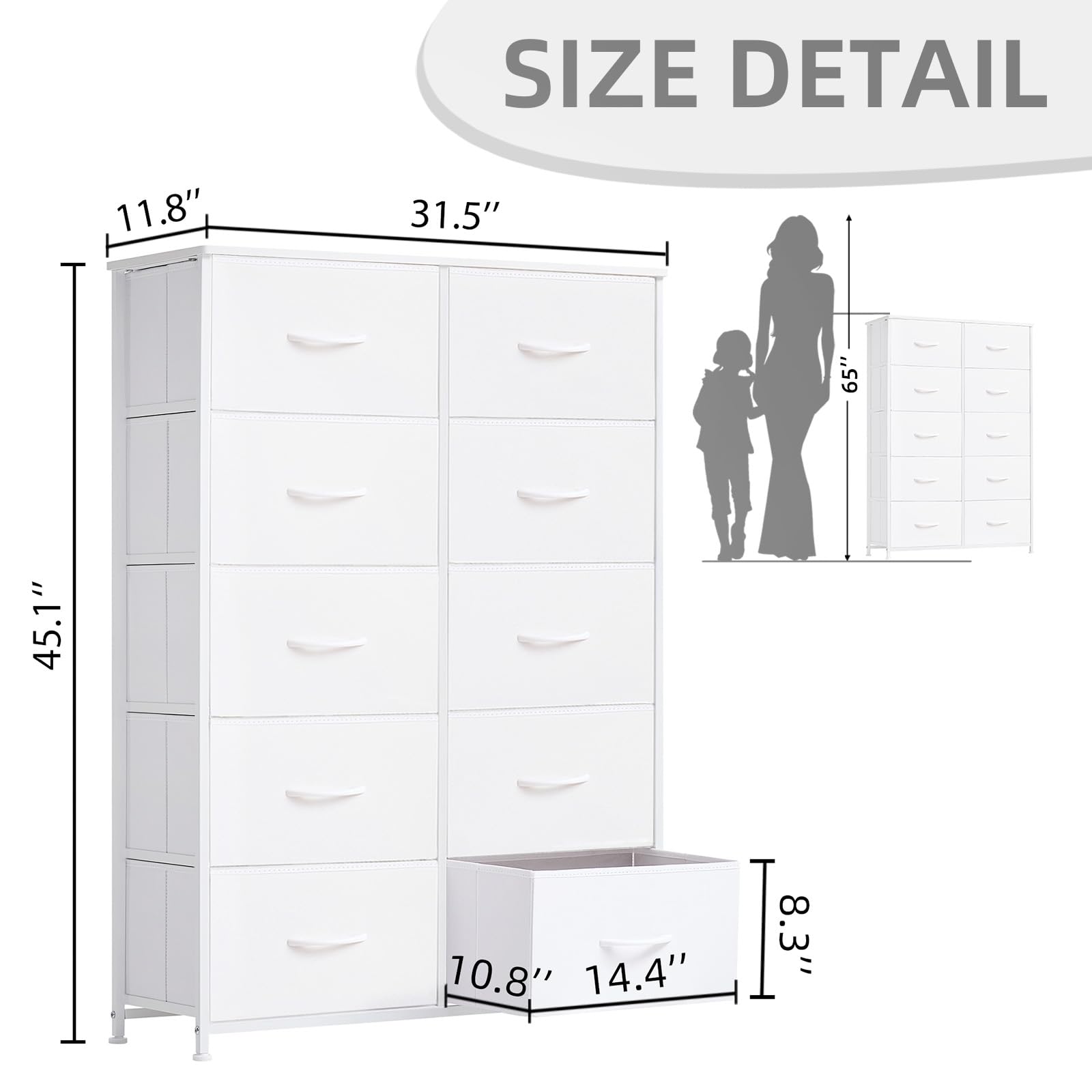 Tall 10-Drawer Dresser with Fabric Bins - White Leather Storage Organizer for Bedroom, Nursery & Living Room