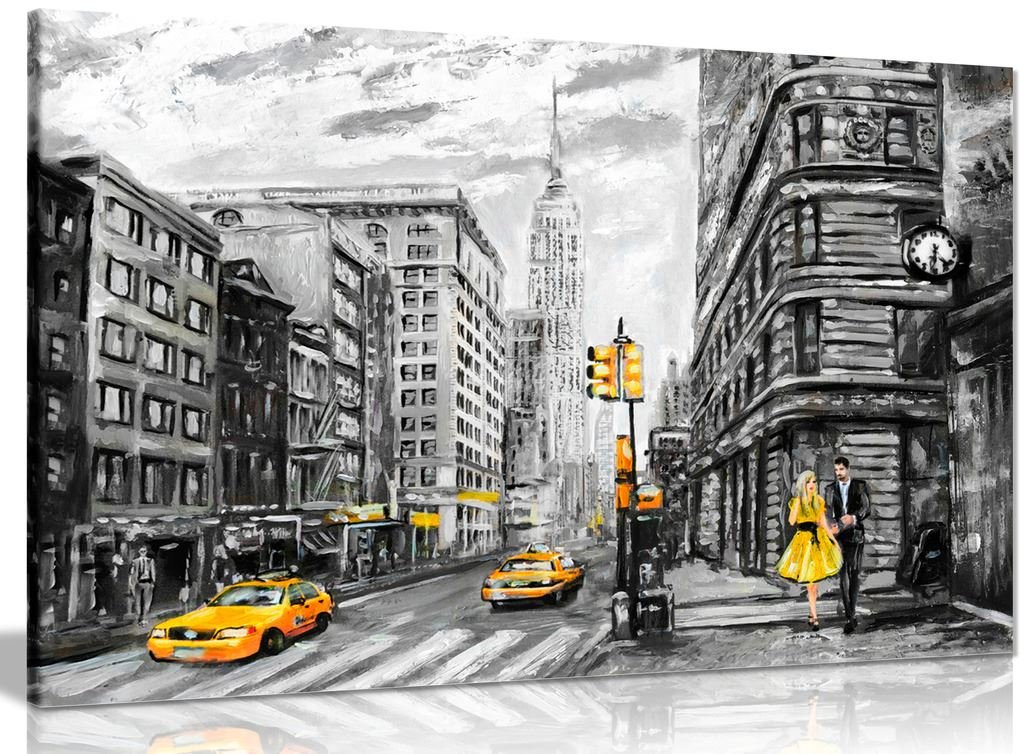 New York City Skyline Oil Painting Canvas Wall Art - Black, White & Yellow Abstract Print (36x24 Inches) - Perfect for Living Room, Bedroom or Office Decor