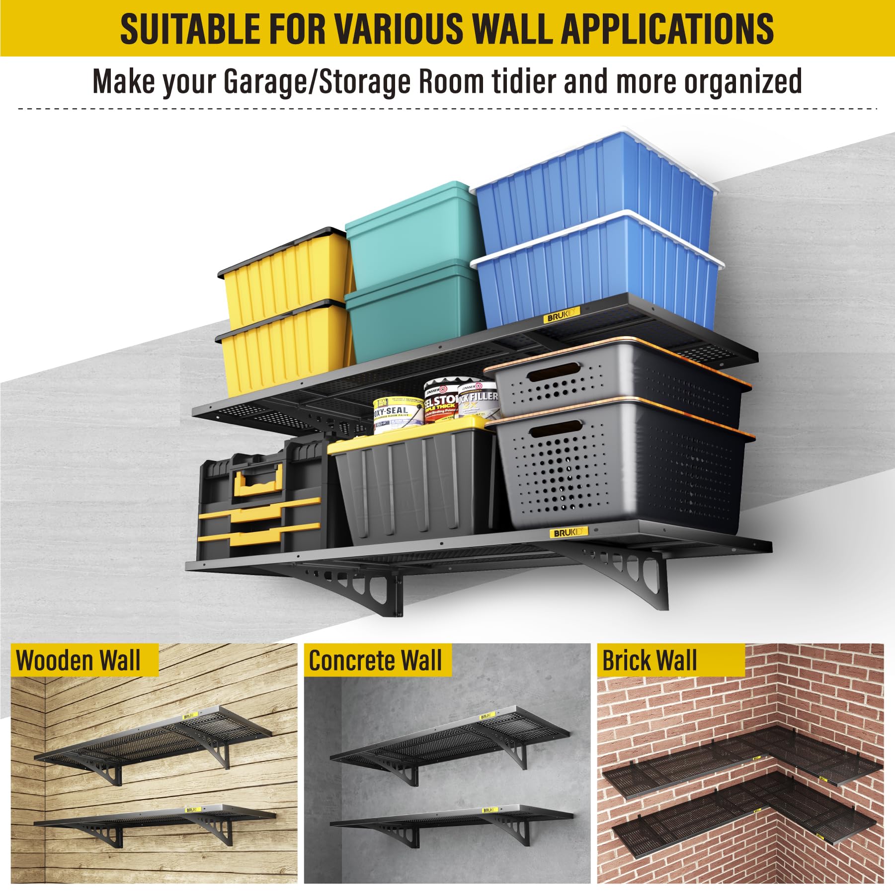 2-Pack 1.64x4ft Adjustable Wall Mounted Shelves - Heavy Duty Garage Storage Racks for Organizing Tools, Kitchenware & Home Decor - Perfect for Garage, Basement, Pantry & Laundry Room Organization (Black)