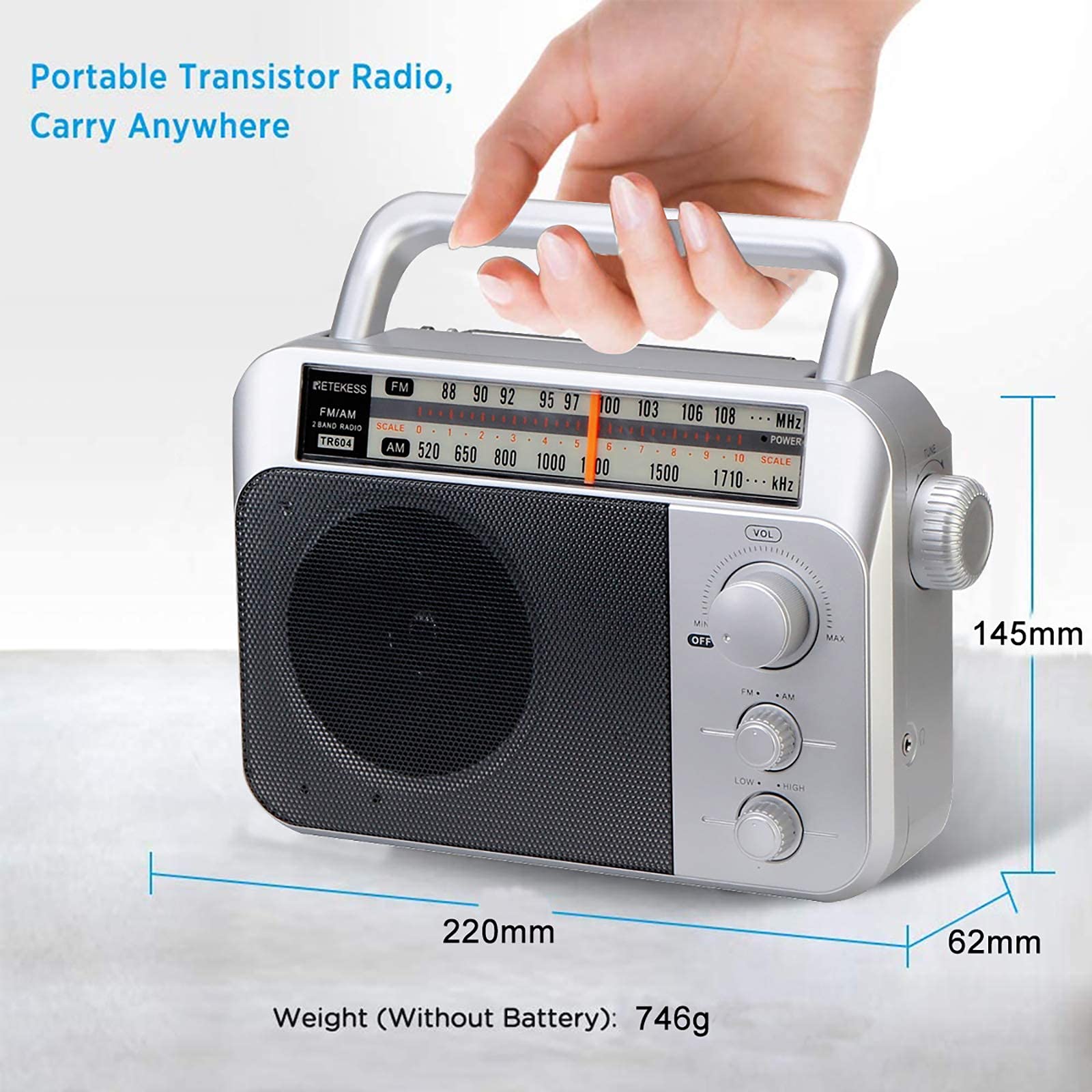 Retekess TR604 Portable AM FM Radio with Earphone Jack - Battery or AC Powered Boombox for Home, Office, Outdoor & Emergency Use (Silver)
