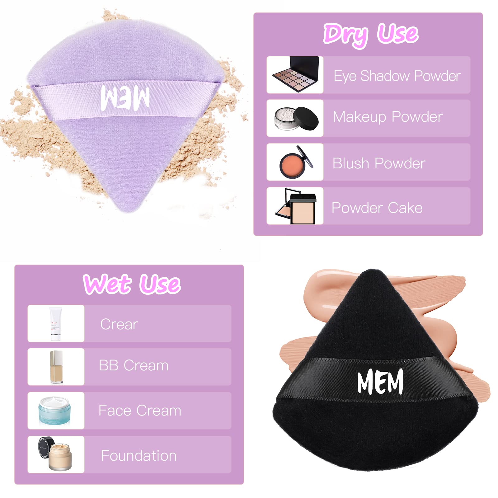 8-Piece MEM Triangle Powder Puff Set - Soft Velour Makeup Sponges for Loose & Pressed Powder Application (Wet/Dry Use) | Skin-Friendly Beauty Blenders with Satin Ribbon Handle | Perfect for On-the-Go Touchups & Professional Makeup Kits