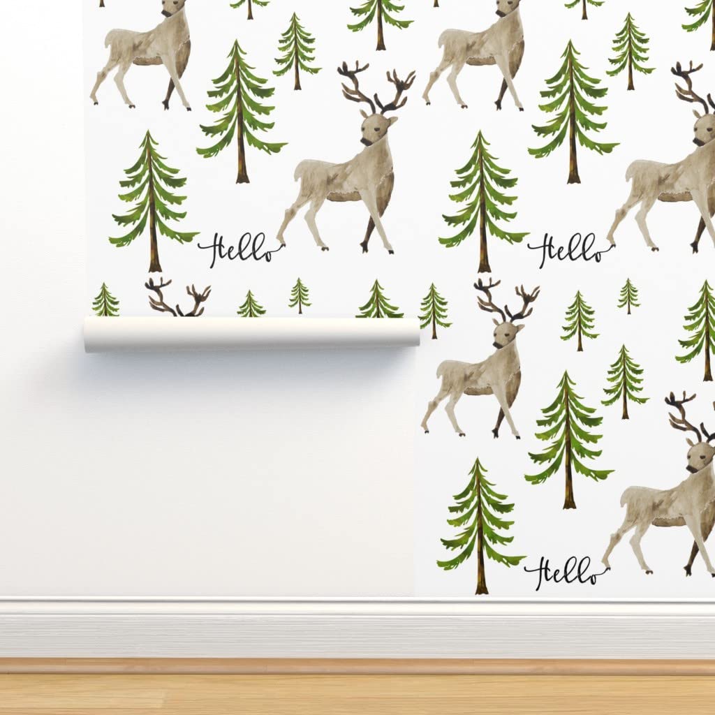 Removable Wallpaper 12ft x 2ft - Deer Green Brown Woodland Winter Nursery Decor | Pre-Pasted Peel & Stick Wallpaper for Baby Boy's Room by Spoonflower | Perfect for Nursery, Kids Room & Home Decoration