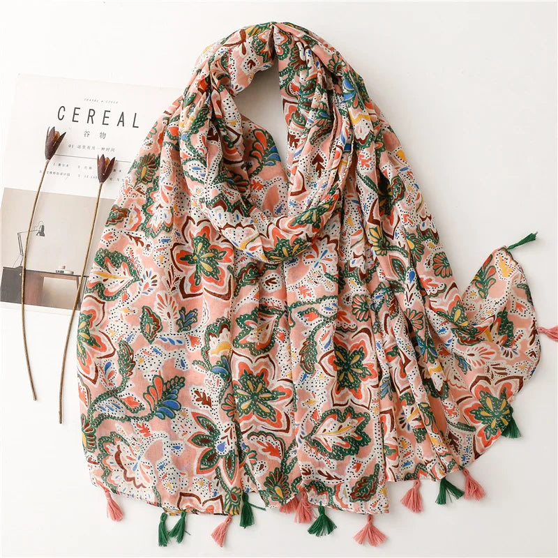 2023 Fashion Paisley Abstract Floral Tassel Viscose Shawl Scarf - Women's Lightweight Pashmina Wrap Stole & Muslim Hijab (180x90cm) - Perfect for Daily Wear, Office, Parties & Prayer