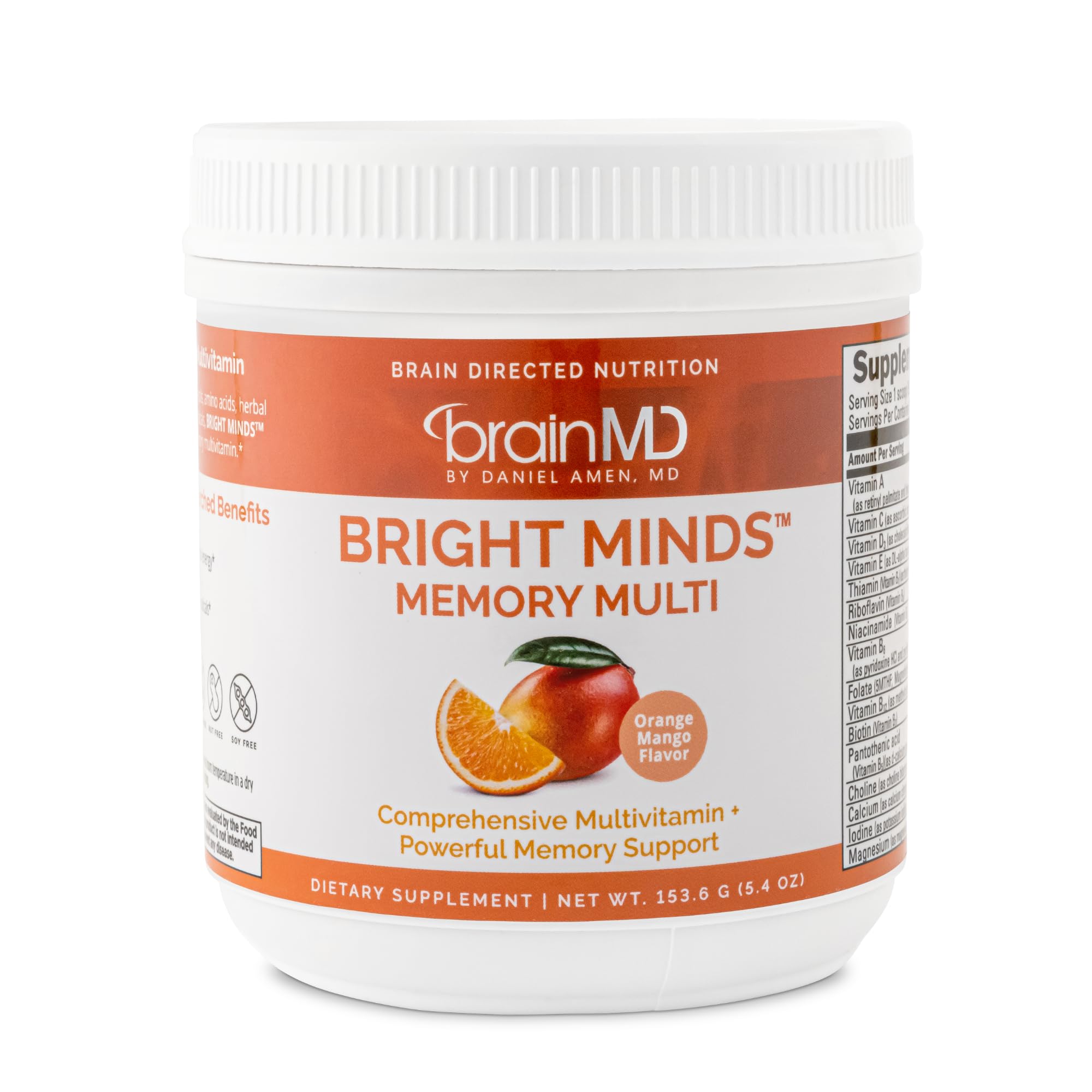 Dr. Amen BrainMD Bright Minds Memory Multi - Orange Mango Flavor Powder (5.4 oz) | Multivitamin Supplement for Brain & Memory Support | Gluten Free, Sugar Free | 30 Servings | Ideal for Students, Professionals & Seniors