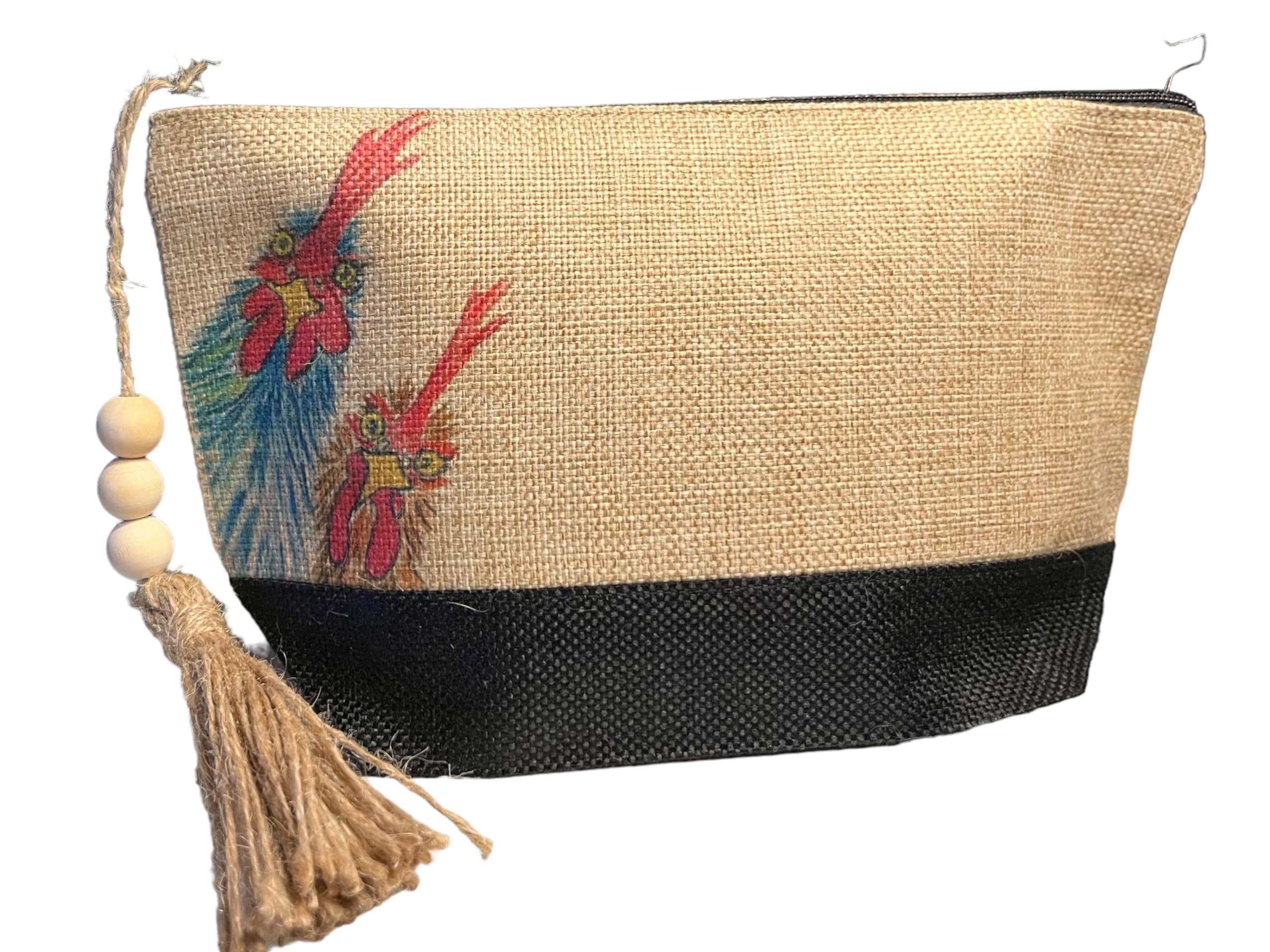 Stylish Canvas Burlap Travel Makeup Bag with Chicken Print - Perfect for Cosmetic Storage, Travel Organizer & Gift Idea