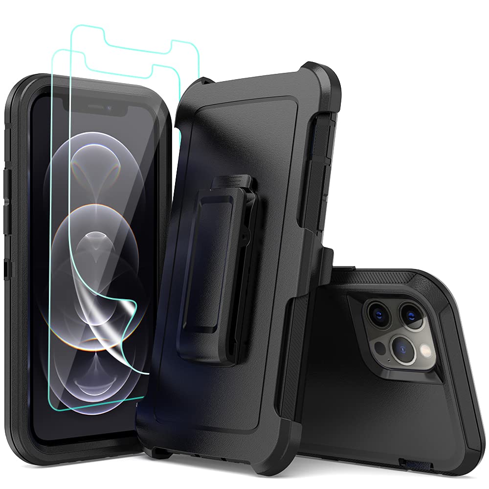 Rugged Shockproof Full Body Protection Case with Kickstand & Belt Clip Holster for iPhone 13 Pro Max 6.7 inch - Includes Screen Protector (Black) | Perfect for Outdoor, Construction & Active Lifestyle Use