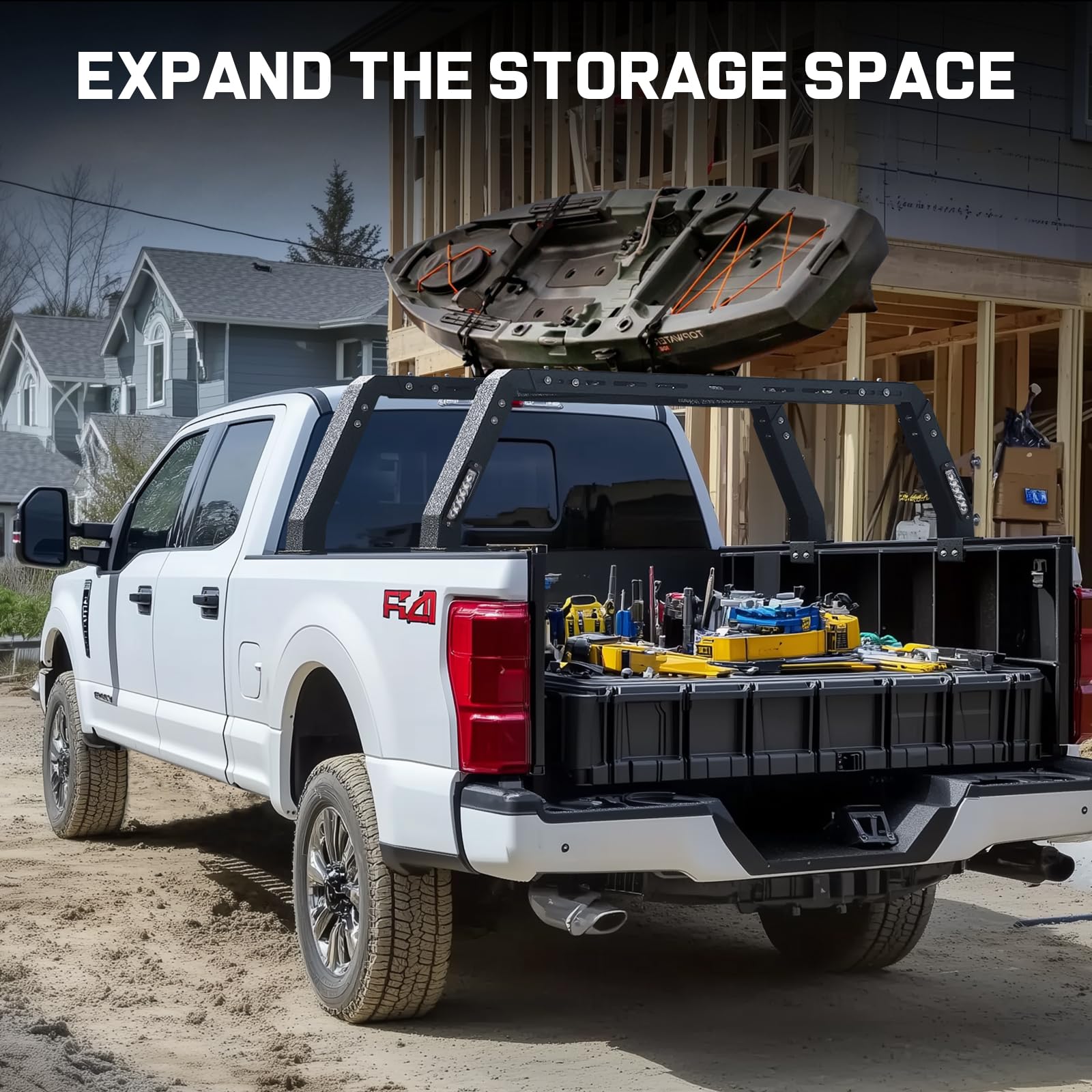 Adjustable Truck Bed Rack with LED Lights - Heavy Duty Overland Roof Rack Compatible with Ford F150, Toyota Tundra, Dodge Ram, Chevy Silverado & Nissan Titan | Ladder Rack for Pickups Without Factory Bed Rails or Tonneau Covers | Perfect for Camping, Off-Roading & Cargo Transport