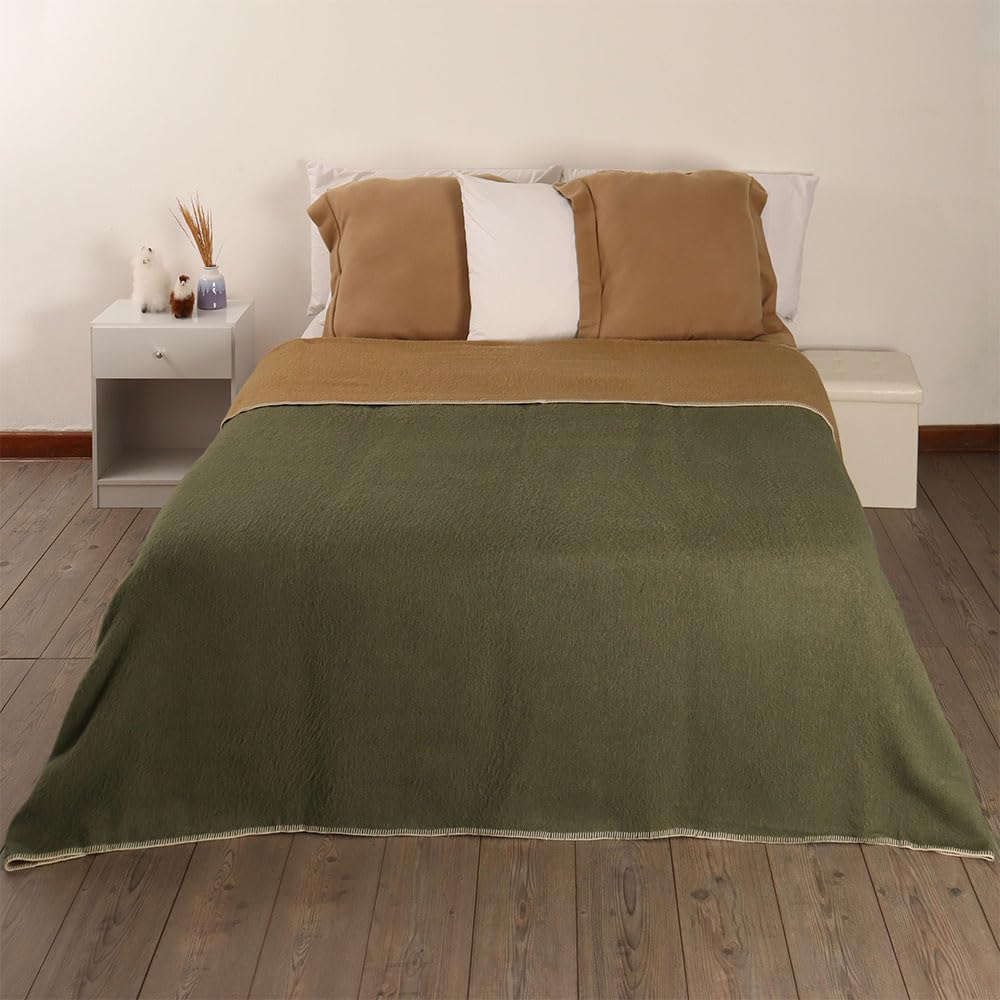 Premium Thick Alpaca Wool Blanket - Heavyweight Warm & Soft Peruvian Alpaca Throw - King Size (Olive Green/Soft Camel) - Perfect for Camping, Outdoor Adventures & Cozy Indoor Use