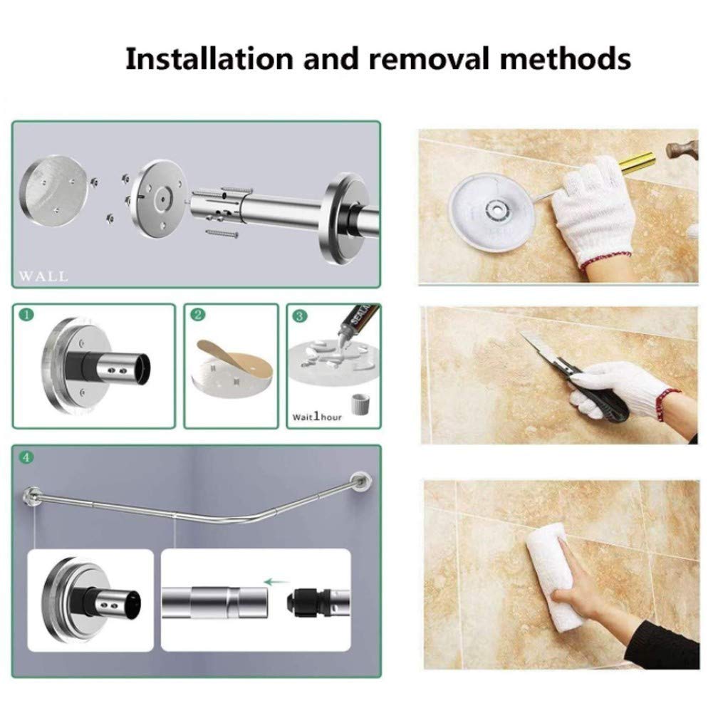 EEUK Adjustable Tension Shower Curtain Rod - 304 Stainless Steel No Drill Rust-Proof Shower Rail for Bathroom, Kitchen, Closet & Windows - Extendable Diamond Shaped Design with Bonus Black Shower Curtain (Perfect for Small Spaces & Rental Homes)
