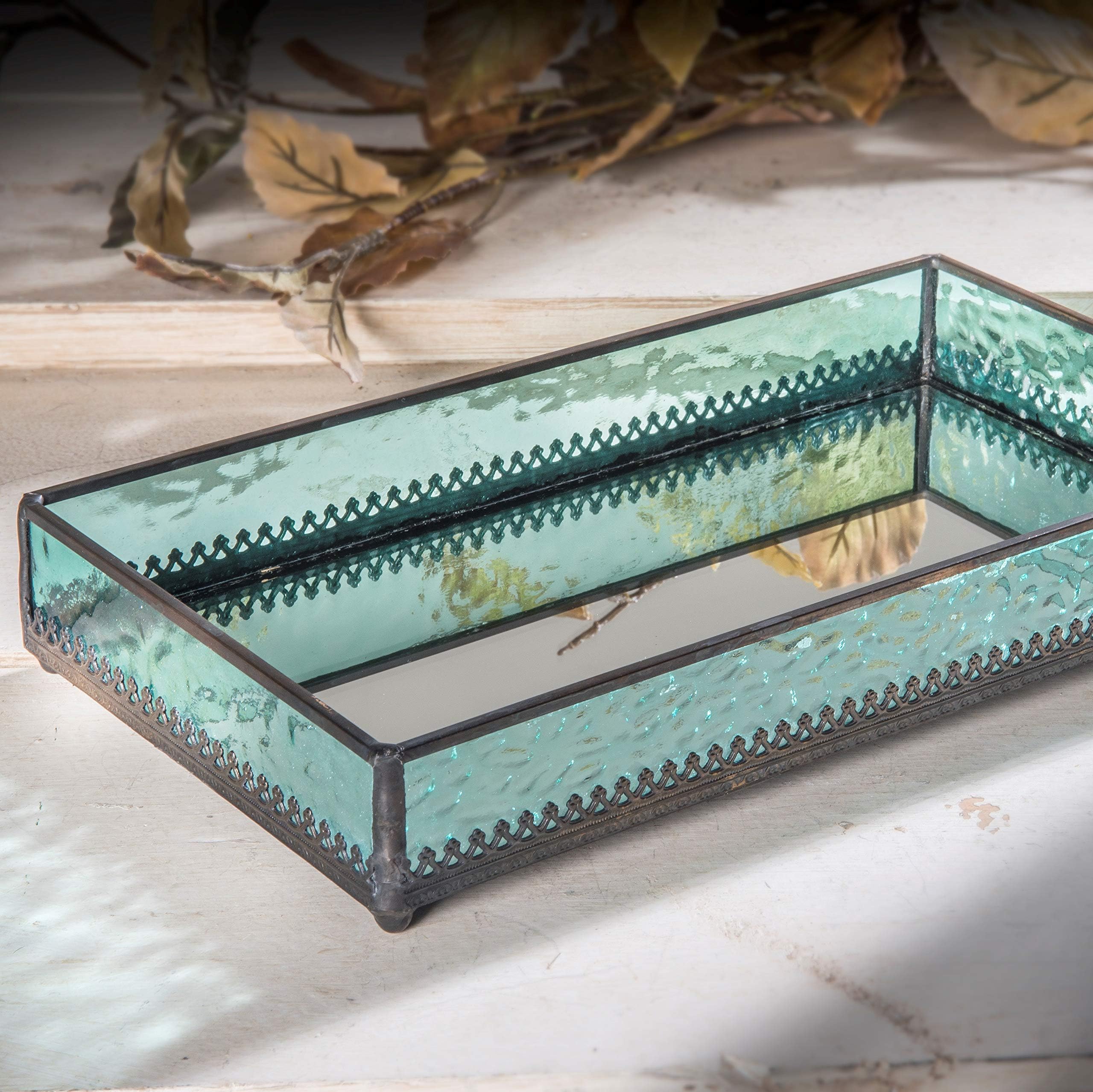 Turquoise Blue Glass Tray with Mirrored Bottom - Jewelry & Makeup Organizer for Bathroom Vanity & Dresser