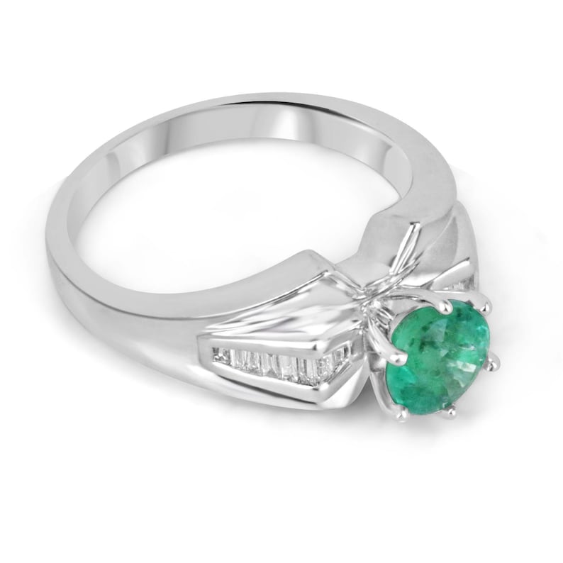 1.25tcw 18K White Gold Round Emerald & Tapered Baguette Diamond Accent 6 Prong Ladies Ring - Elegant Wedding, Engagement & Anniversary Jewelry Gift for Women