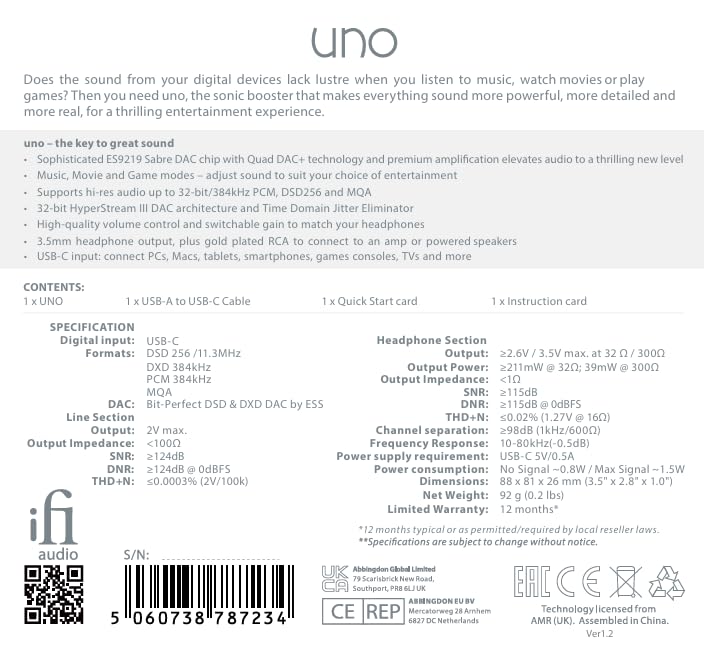 iFi uno DAC & Headphone Amplifier - USB-C Audio Interface with 32-bit/384kHz/DSD256/MQA Support - Customizable Sound Modes for Streaming, Gaming & Music - Compatible with Windows, Mac, Smart Devices & Active Speakers - Perfect for Home Studio, Office Work & Entertainment Setup