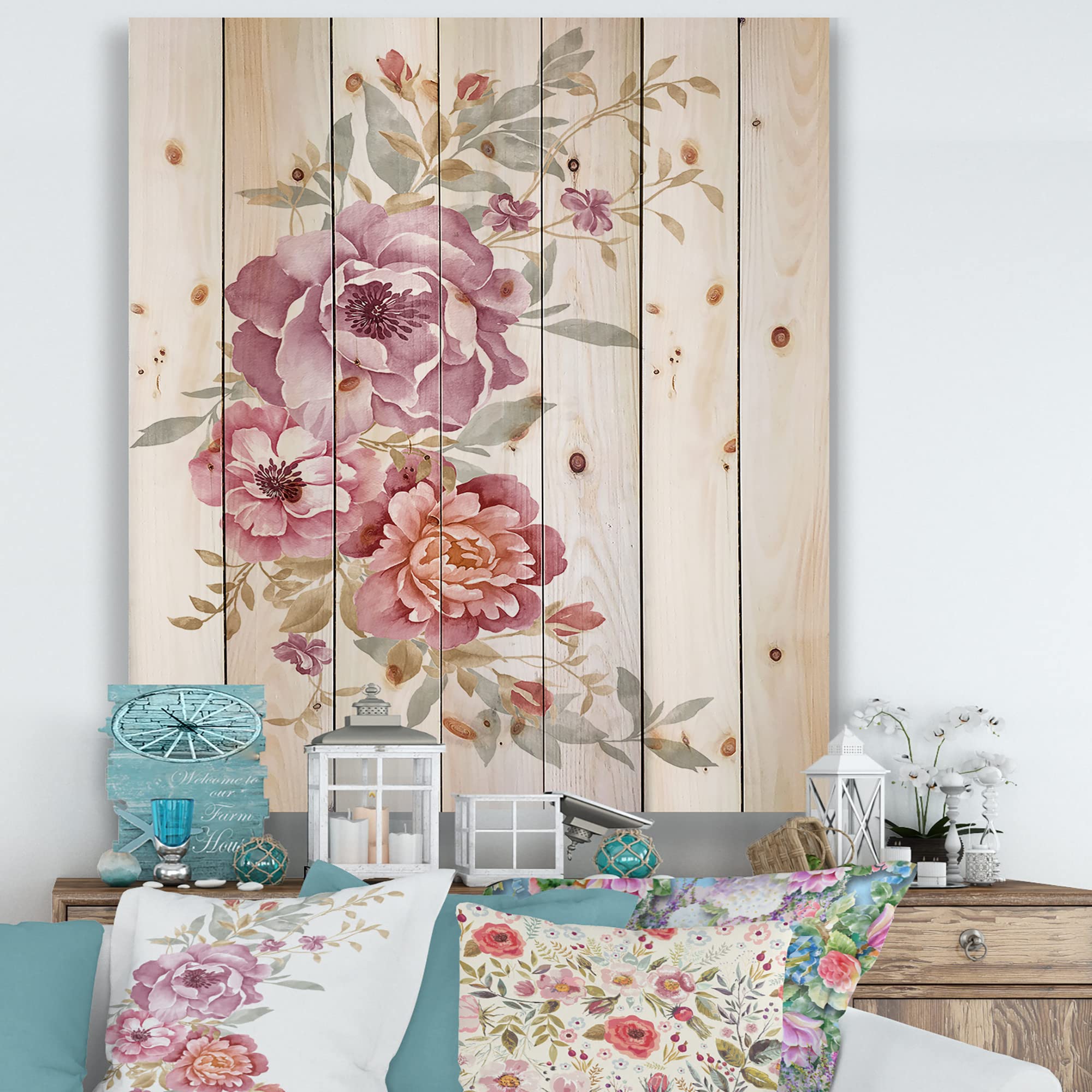 Farmhouse Floral Wall Decor - Pink and Purple Flower Bouquet Wood Wall Art, Large Pine Wood Panel for Living Room, Bedroom & Home Decor | Rustic Floral Print on Natural Wood