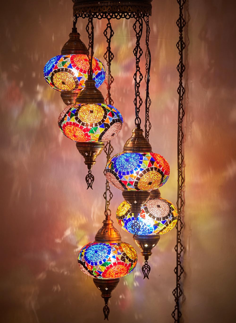 DEMMEX 5-Large 7'' Moroccan Mosaic Plug-in Chandelier - Boho Colorful Ceiling Pendant Light with 15ft Cord & 4ft Chain - Exotic Oriental Hanging Lamp for Living Room, Bedroom, or Dining Room Decor
