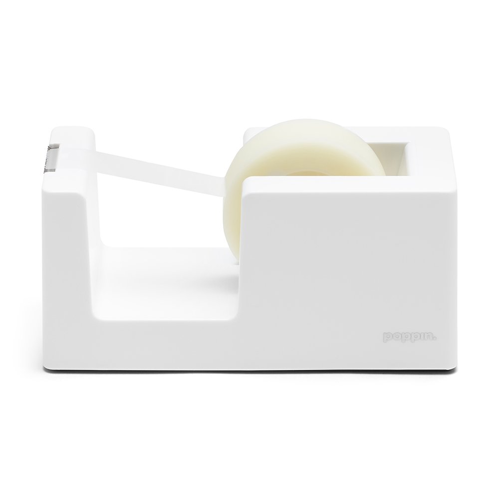 Poppin Desk Tape Dispenser - Non-Skid Weighted Base with Included Tape Roll (White) | Stylish Office Organizer for Home & Workspace