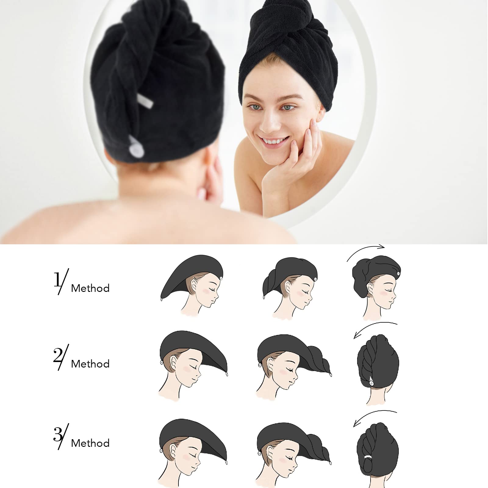 **SINLAND Microfiber Hair Drying Cap - Super Absorbent & Quick Dry Hair Towel Turban for Women (3 Pack, Black) - Perfect for Post-Shower, Salon, Travel & Home Use**